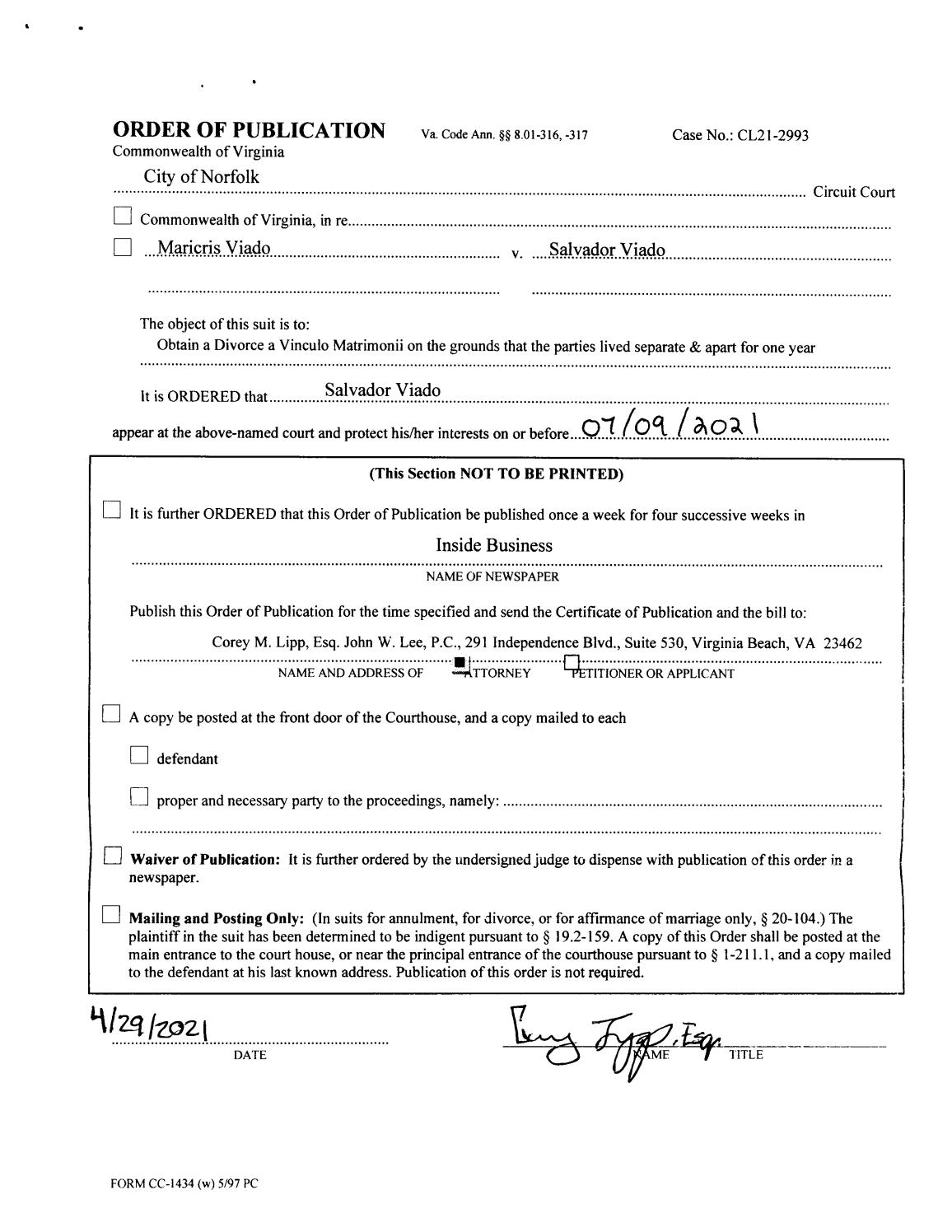 CL21-2993 Order of Publication