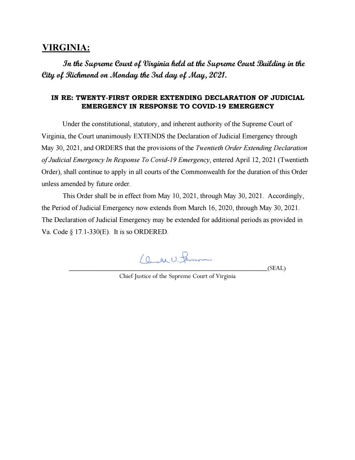 21st SCV Order continuing Judicial Emergency