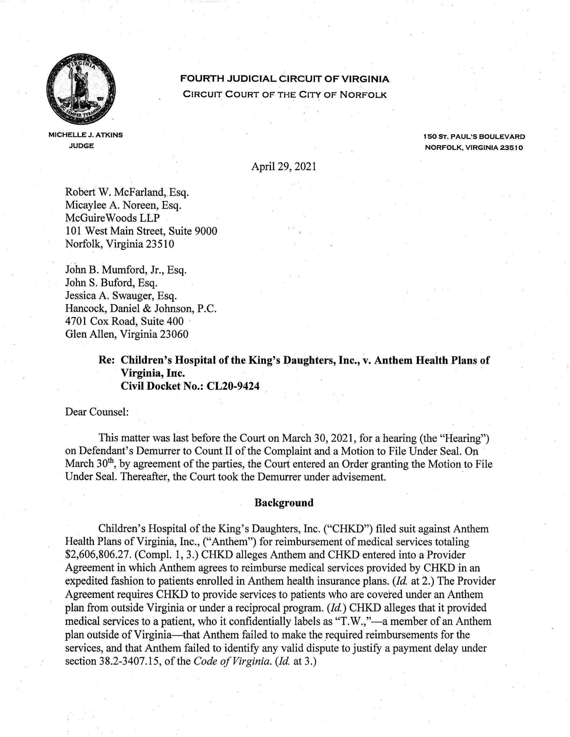 Children’s Hospital of the King’s Daughters, Inc., v. Anthem Health Plans of Virginia, Inc