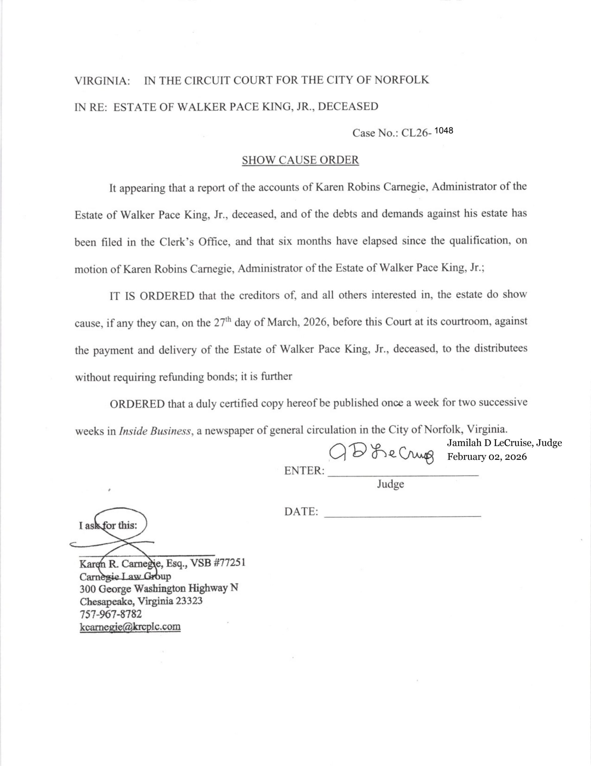 CL26-1048 Show Cause Order