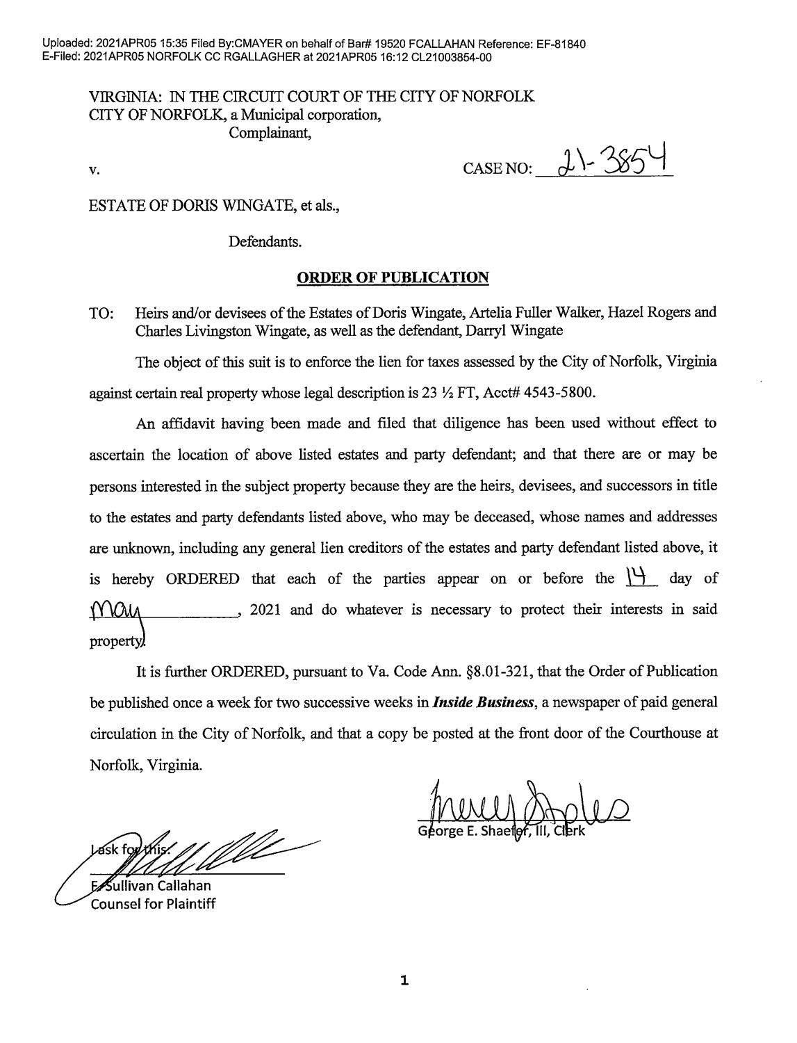 CL 21-3854 Order of Publication