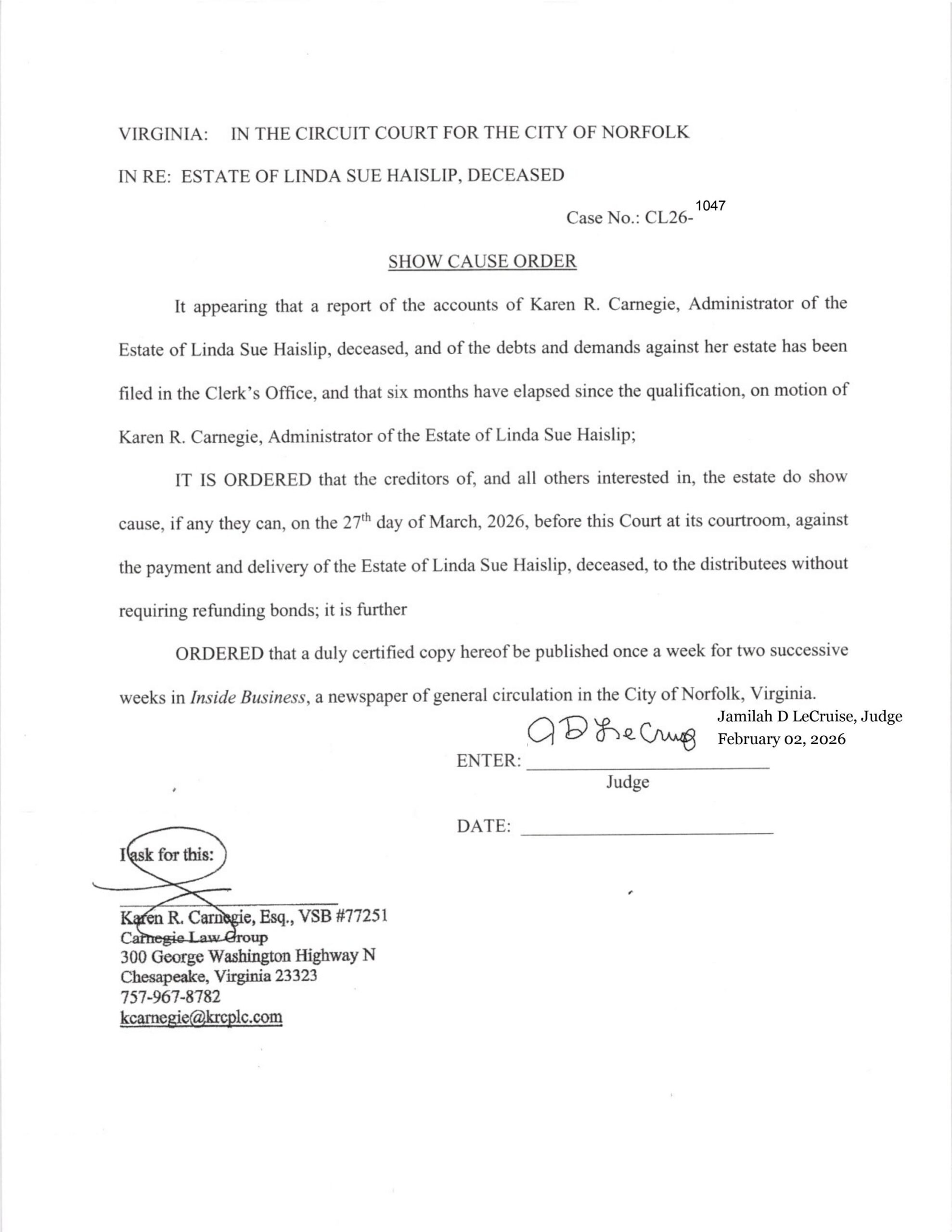 CL26-1047 Show Cause Order