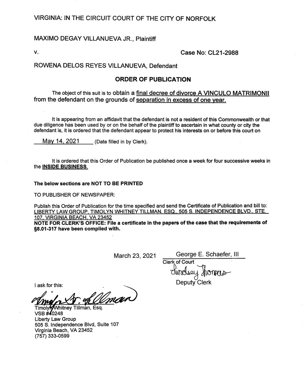 CL21-2988 Order of Publication