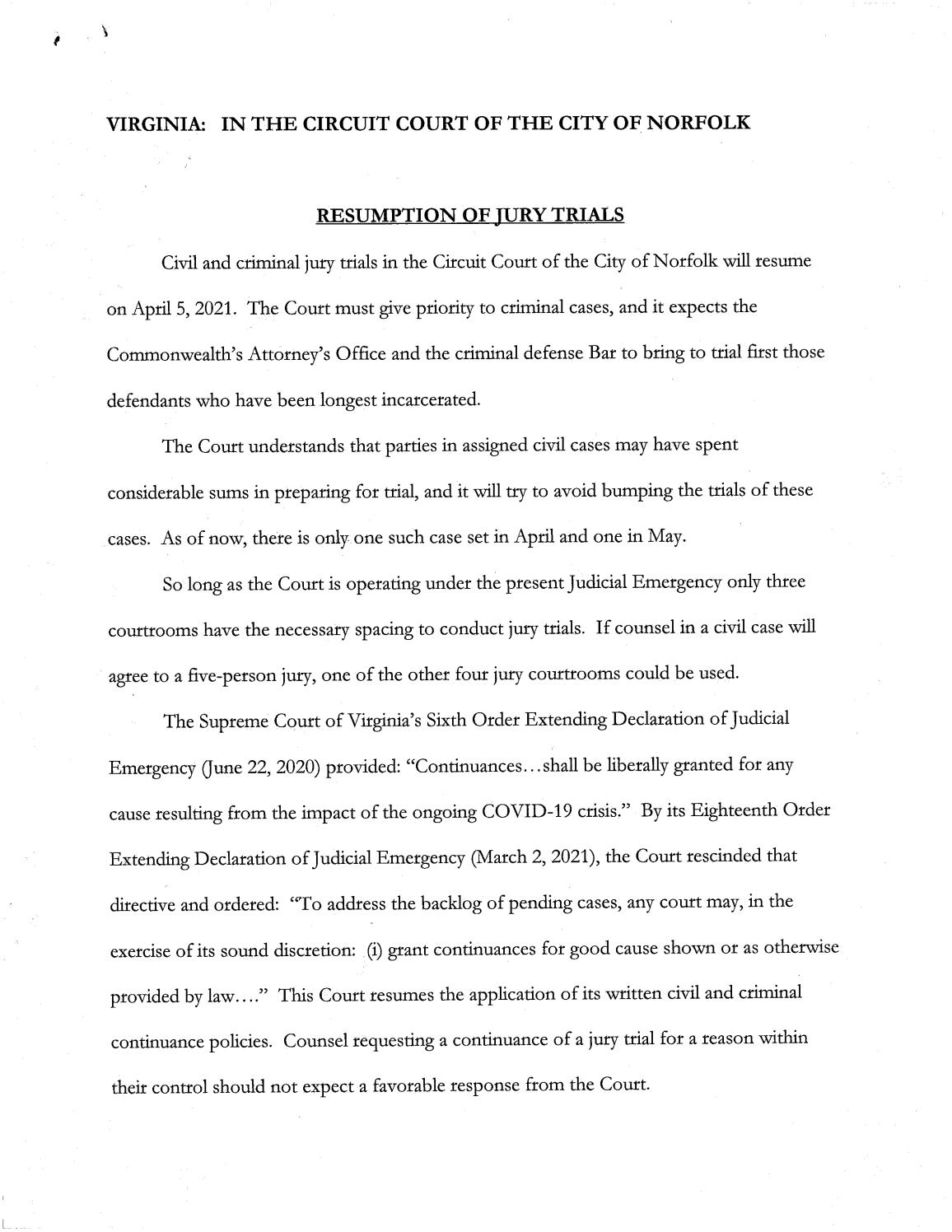Resumption of Jury Trials
