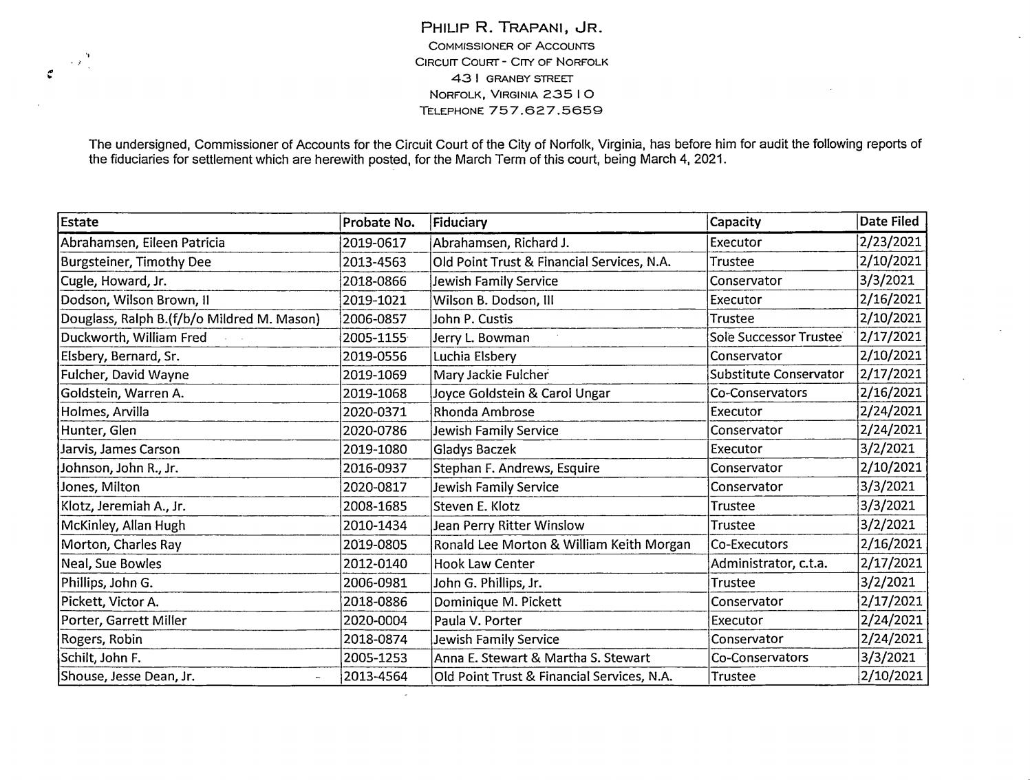 Philip R. Trapani Jr. Commissioner of Accounts Fiduciary List