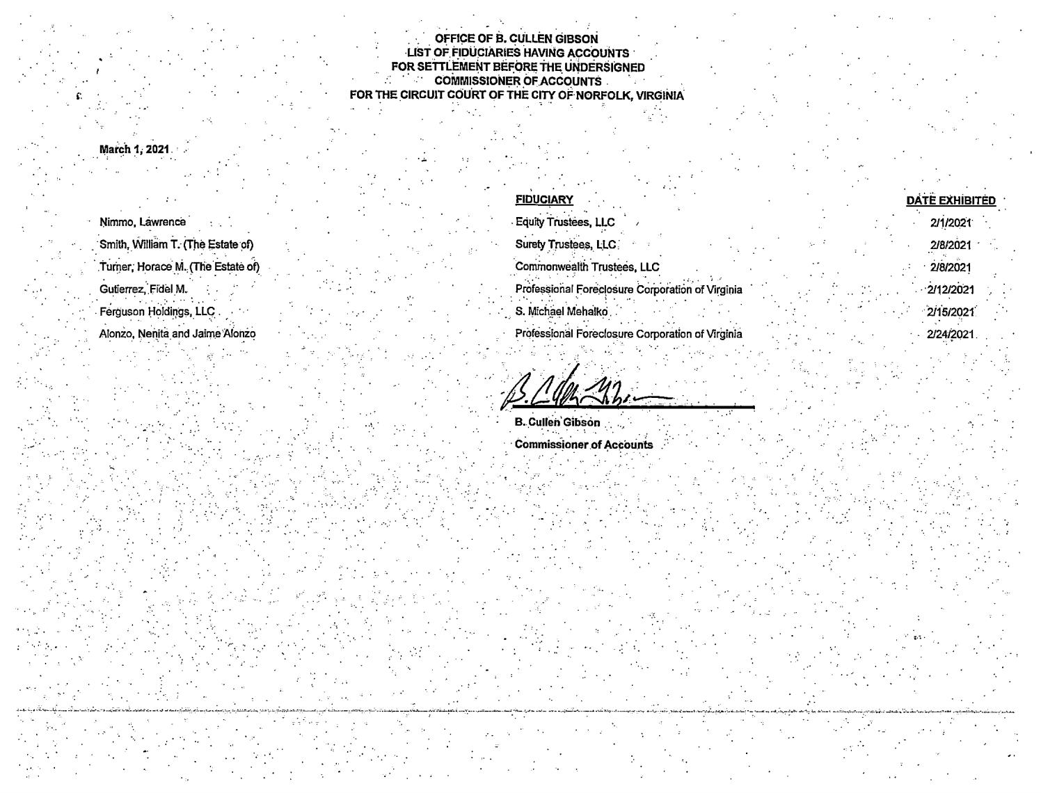 Office of B. Cullen Gibson Fiduciary List