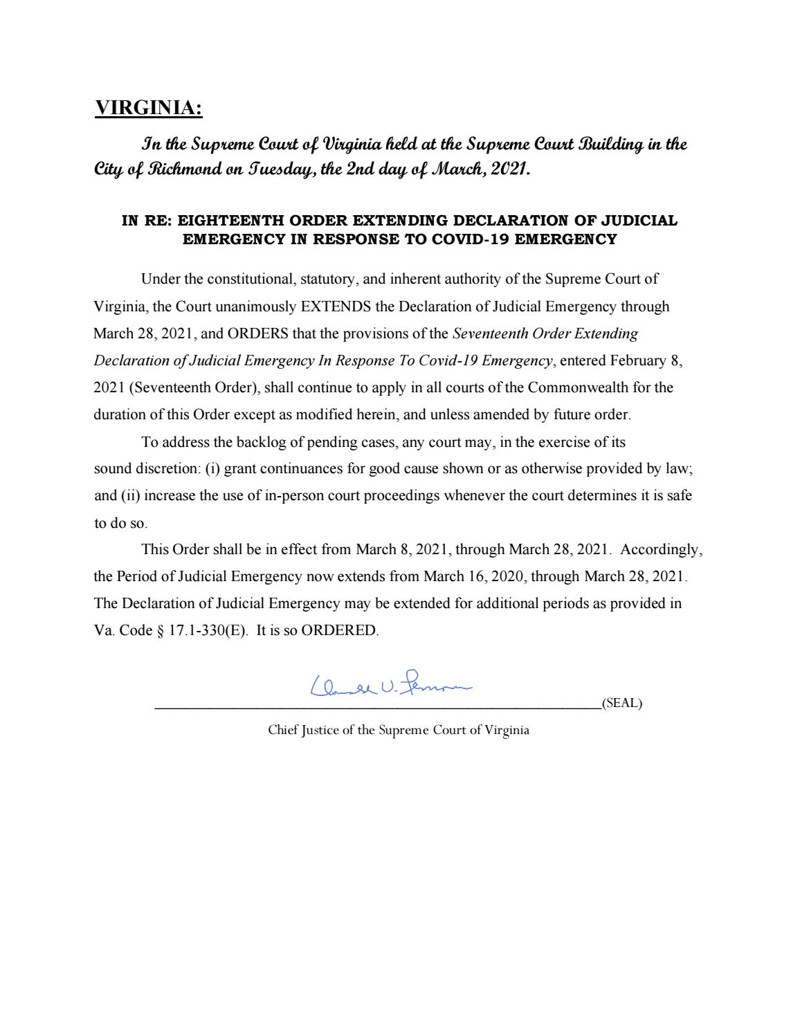18th Order Extending Judicial Emergency