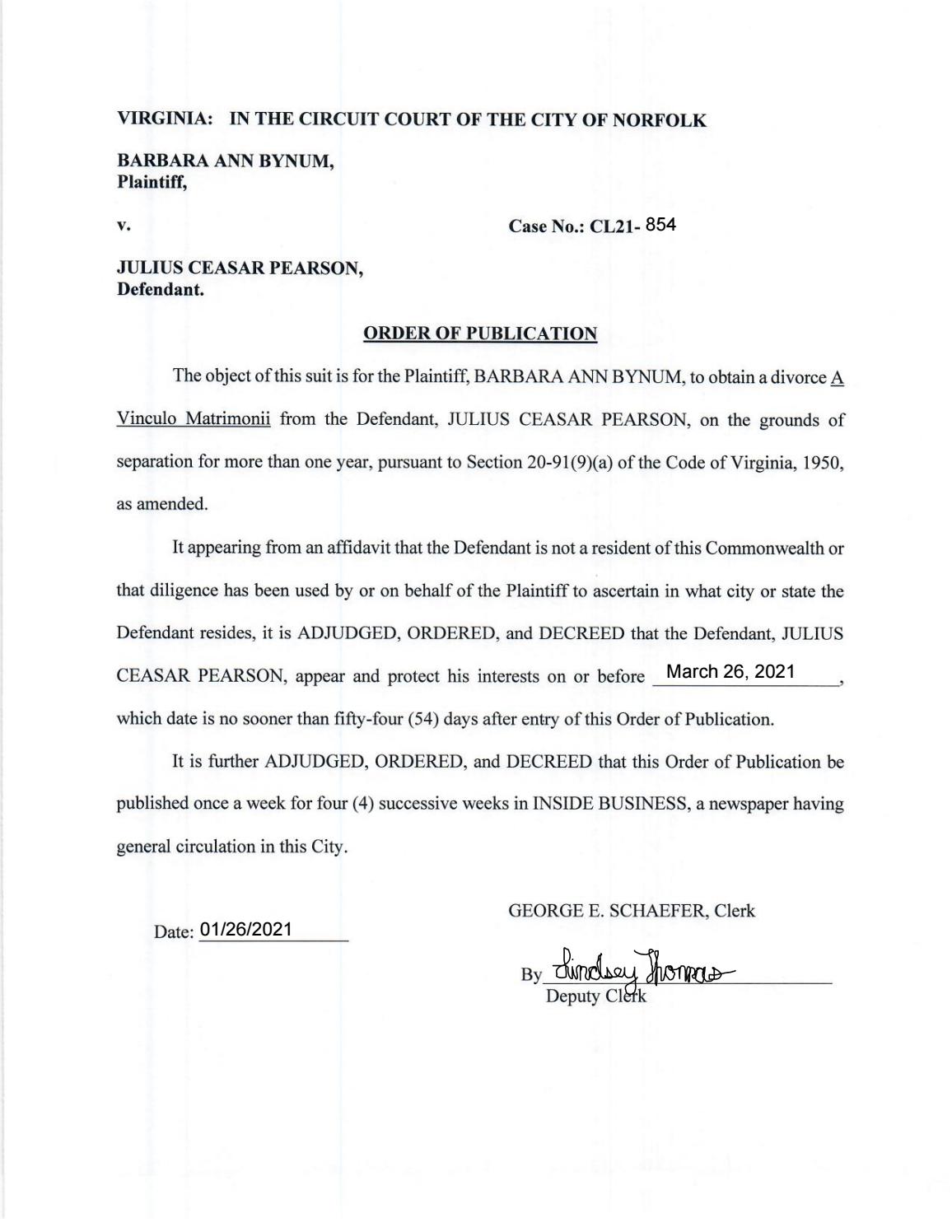 CL21-854 Order of Publication