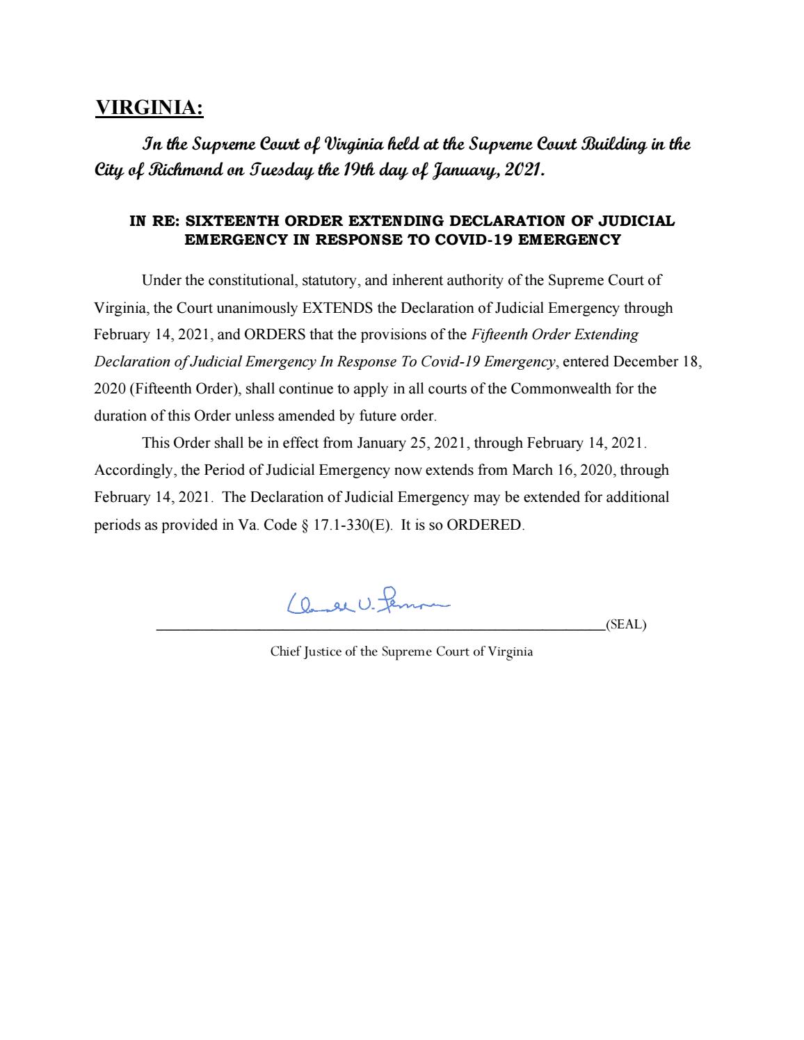 Sixteenth Judicial Emergency Order-1-19-21