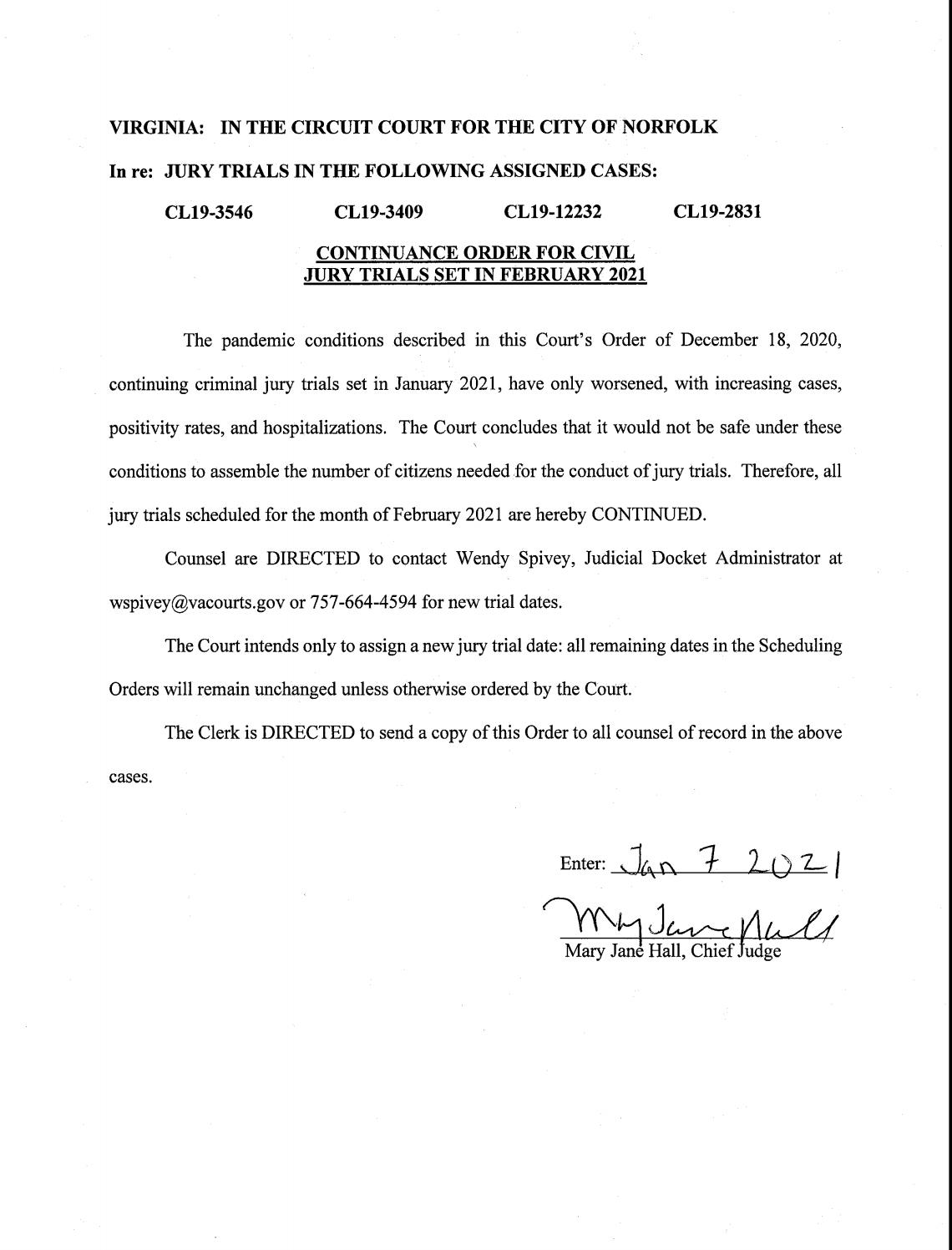 Continuance Orders 01/07/2021