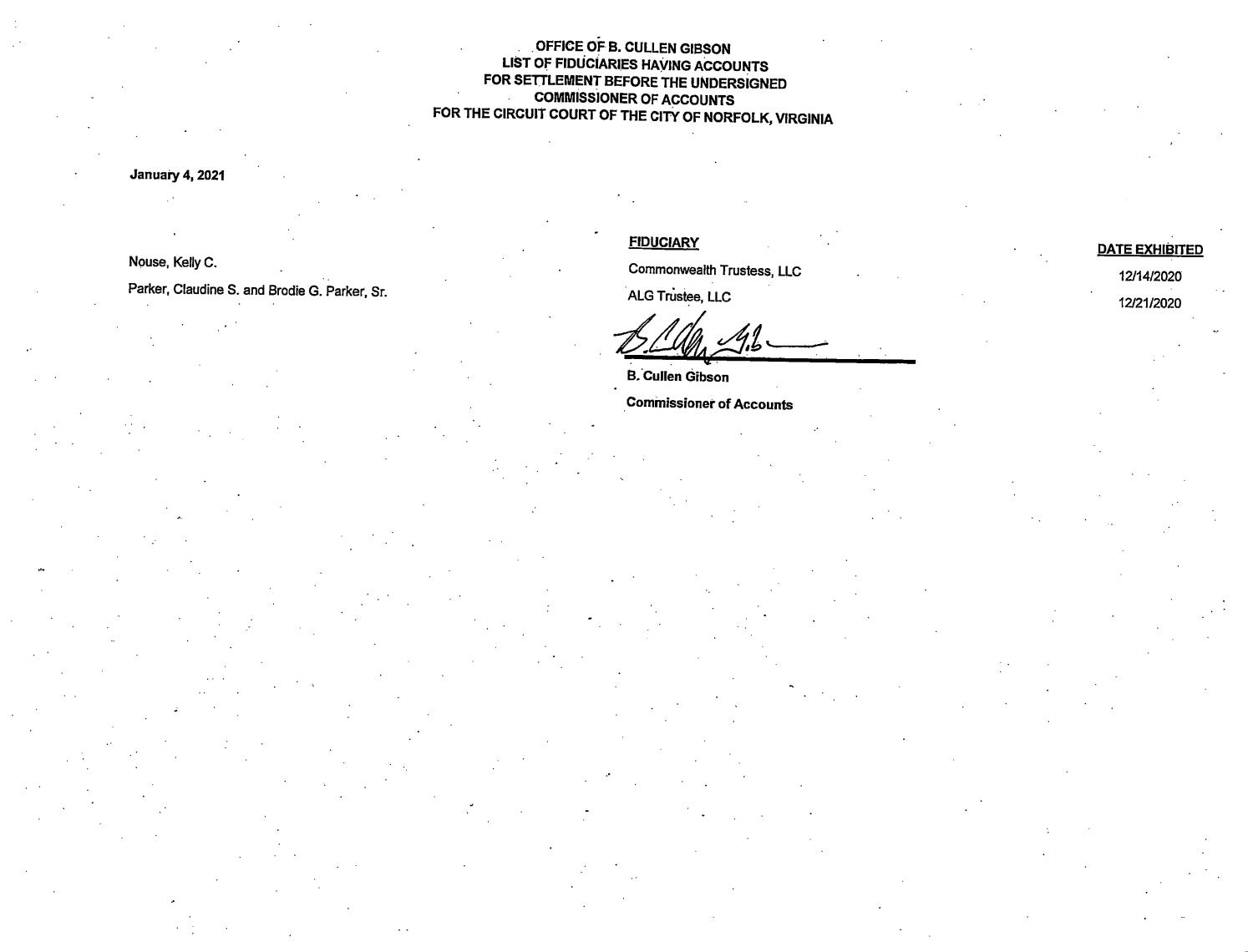 Office of B. Cullen Gibson List of Fiduciaries
