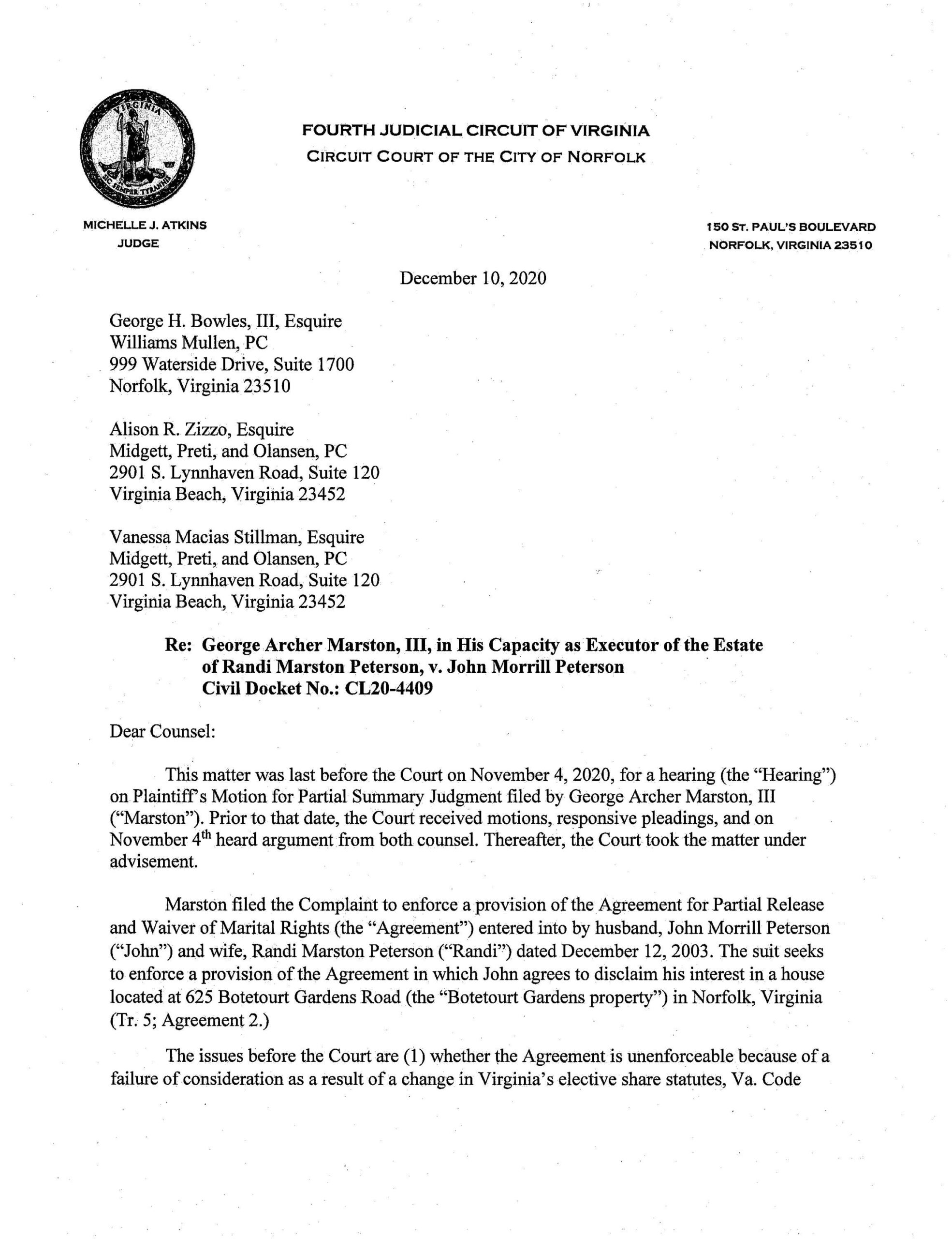 George Archer Marston, III in his Capacity as Executor of the Estate of RM Peterson v. JMPeterson