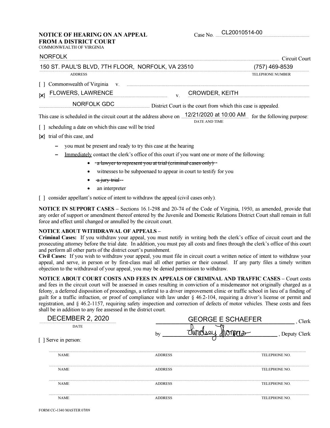 CL20-10514 Flowers v Crowder Notice of Hearing