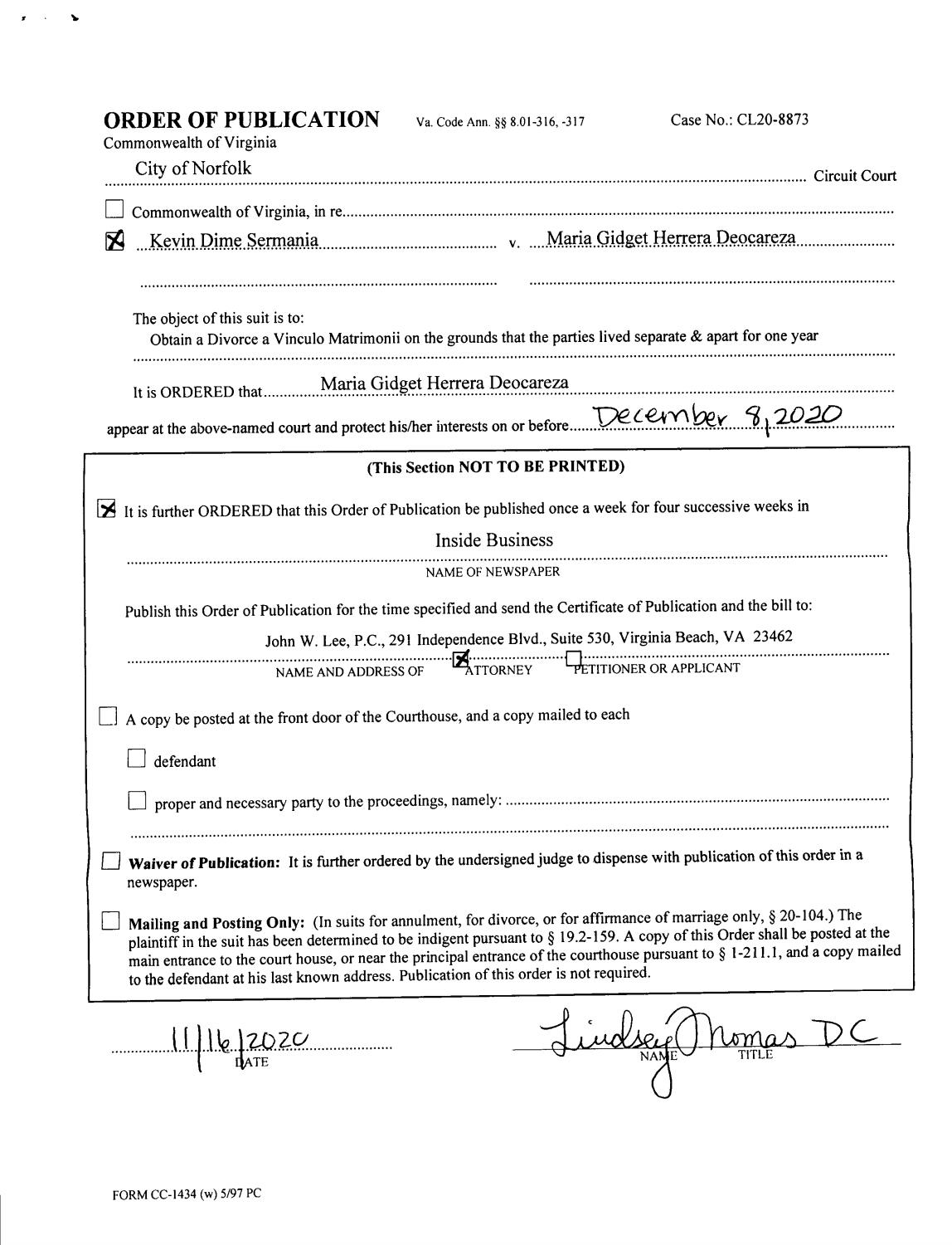CL20-8873 Order of Publication
