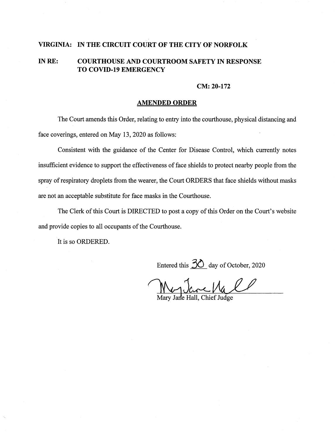 Courthouse and Courtroom Safety COVID – Amended October 30, 2020