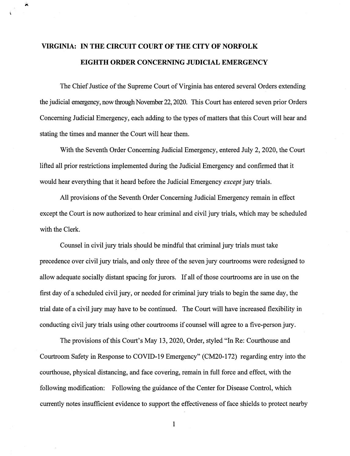 Eighth Order Concerning Judicial Emergency – October 30, 2020