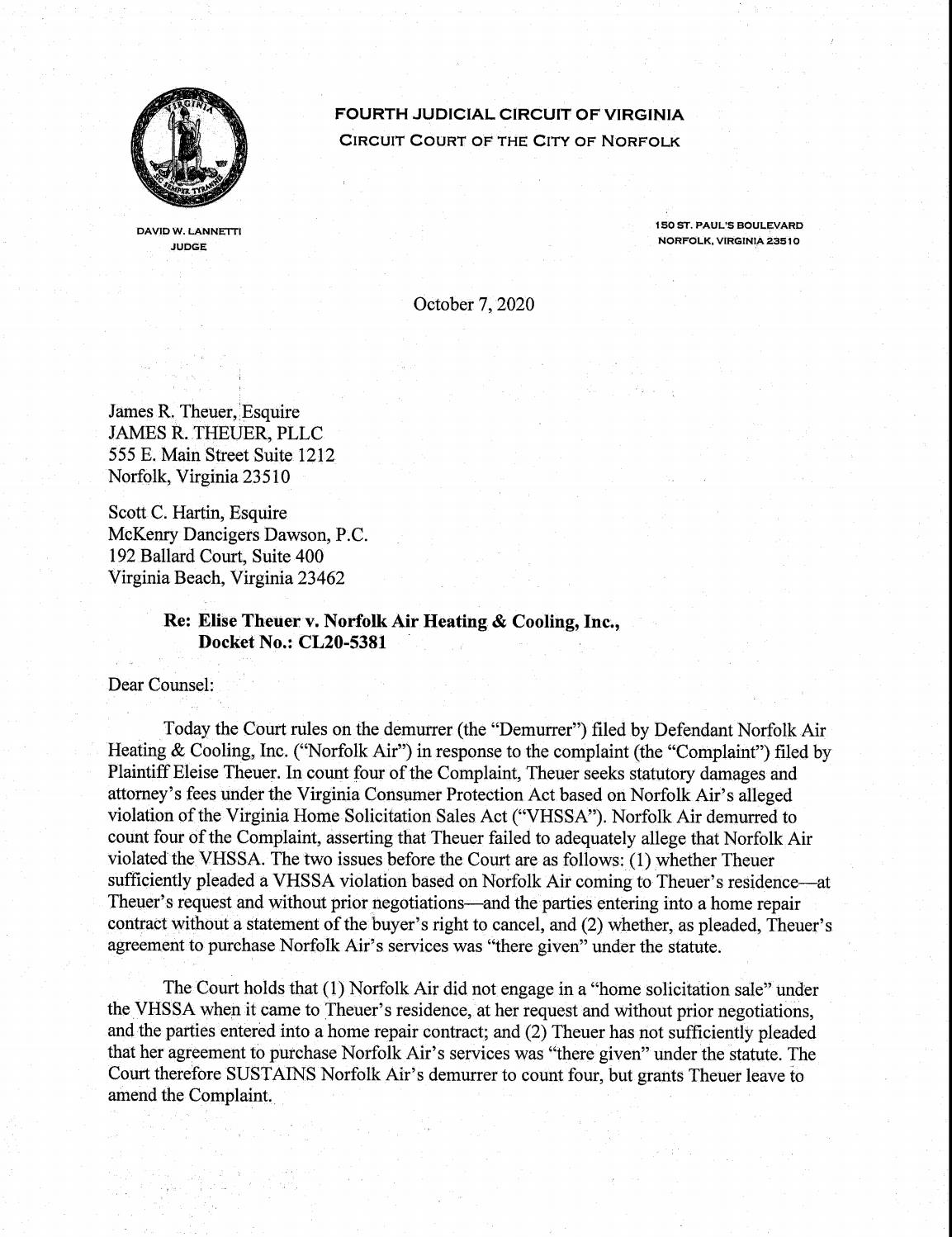 Elise Theuer v. Norfolk Air Heating & Cooling, Inc.