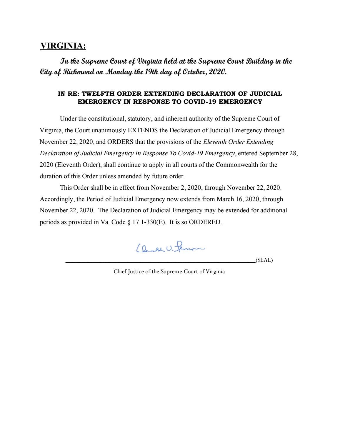 12th Order Concerning Judicial Emergency (SCV)