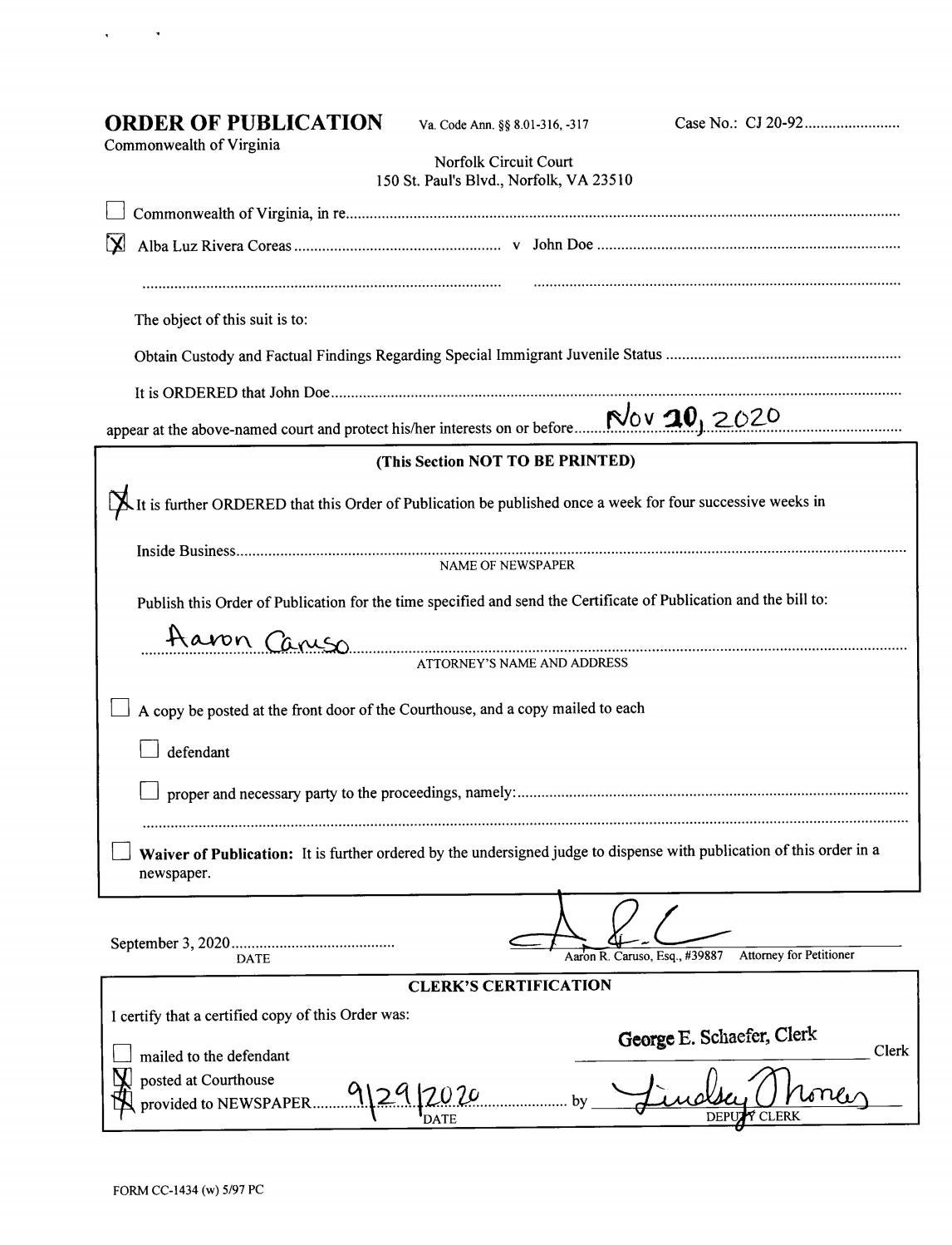CJ20-92 Order of Publication