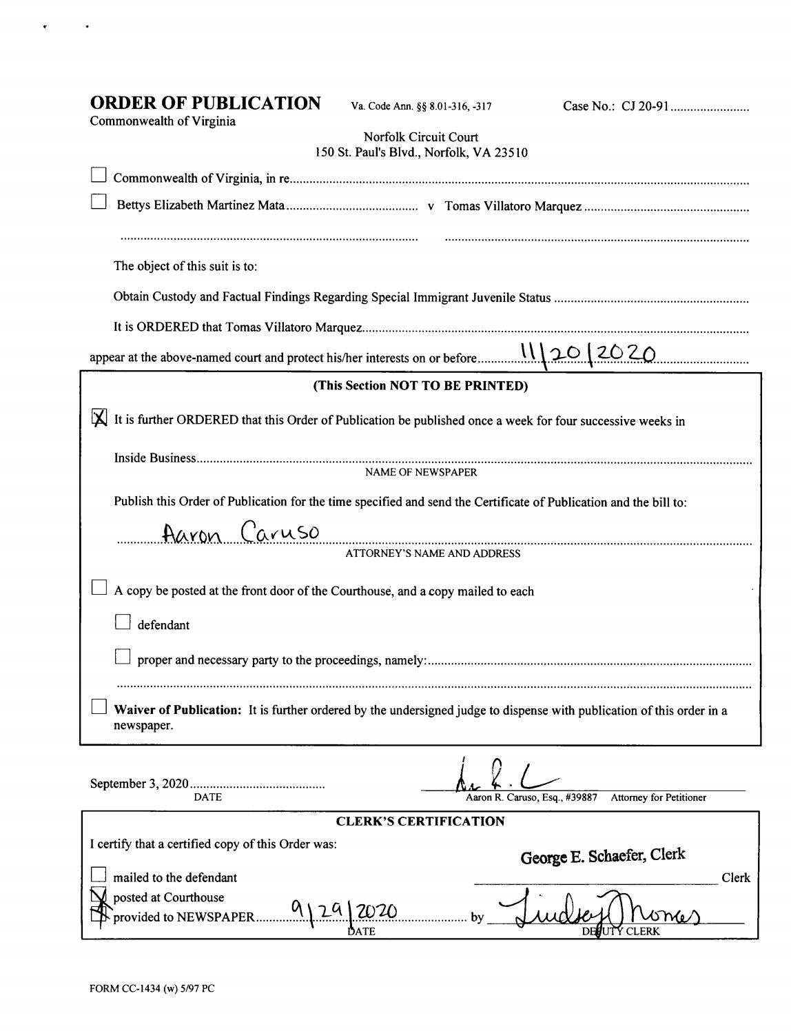 CJ20-91 Order of Publication