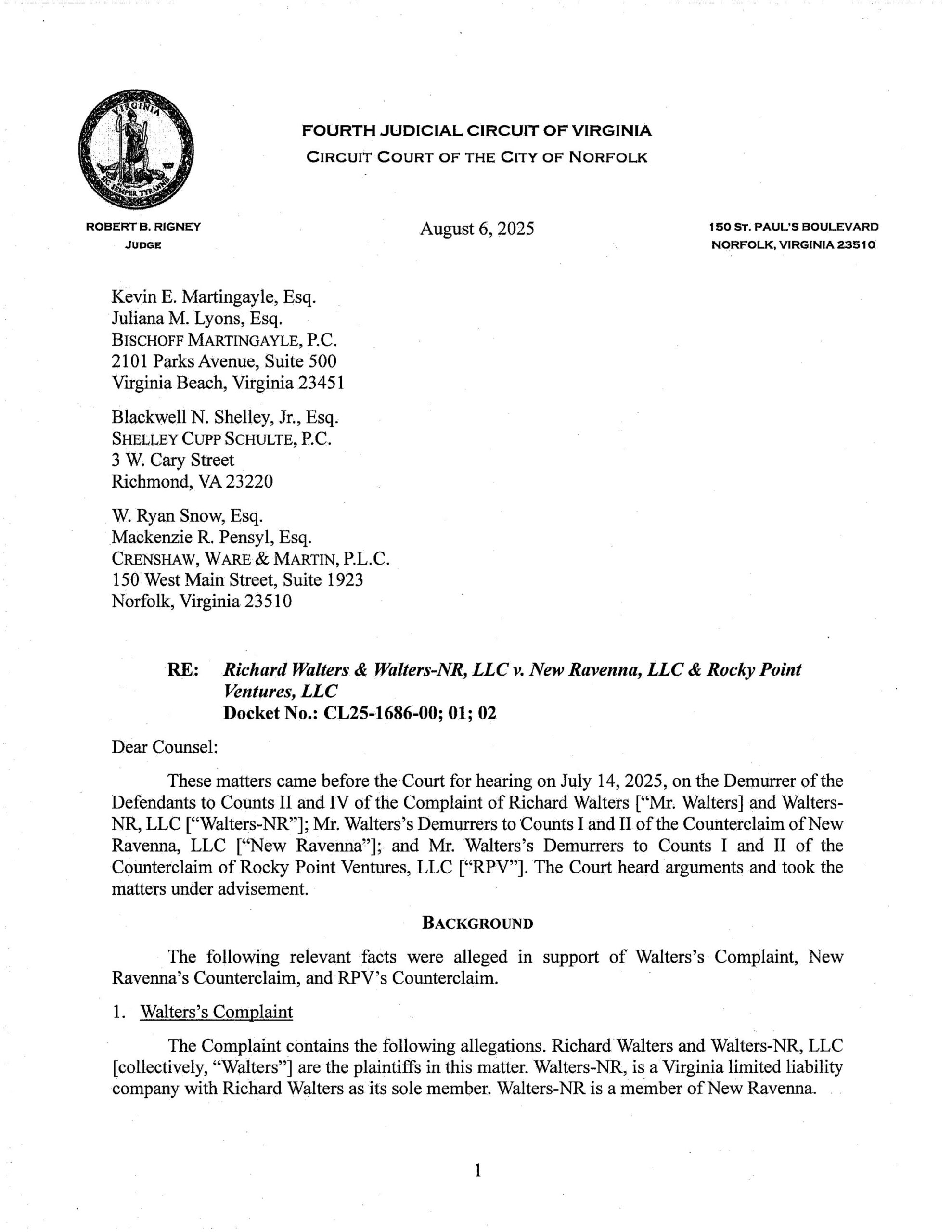 Walters & Walters-NR, LLC v New Ravenna, LLC & Rocky Point Ventures