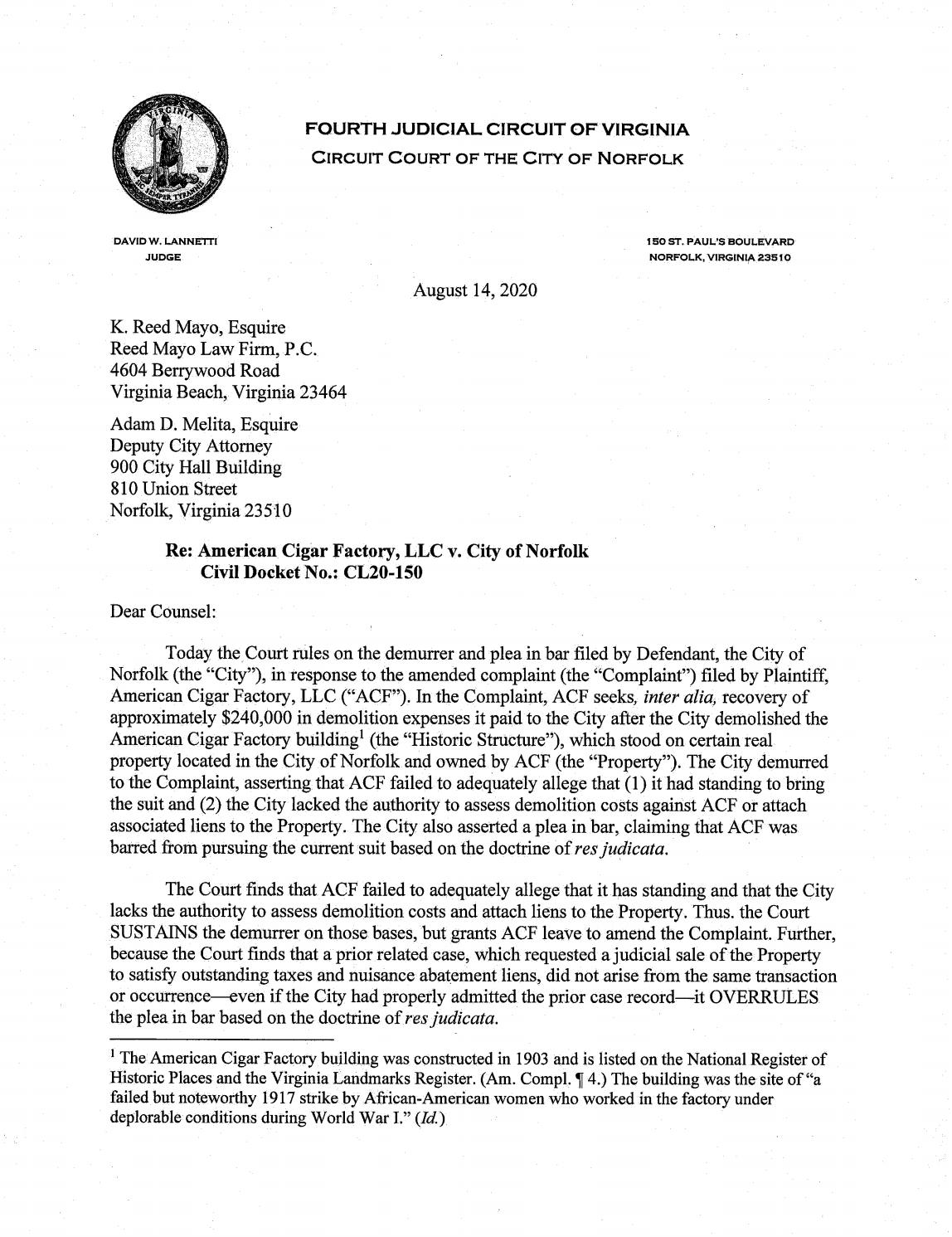 American Cigar Factory, LLC v. City of Norfolk