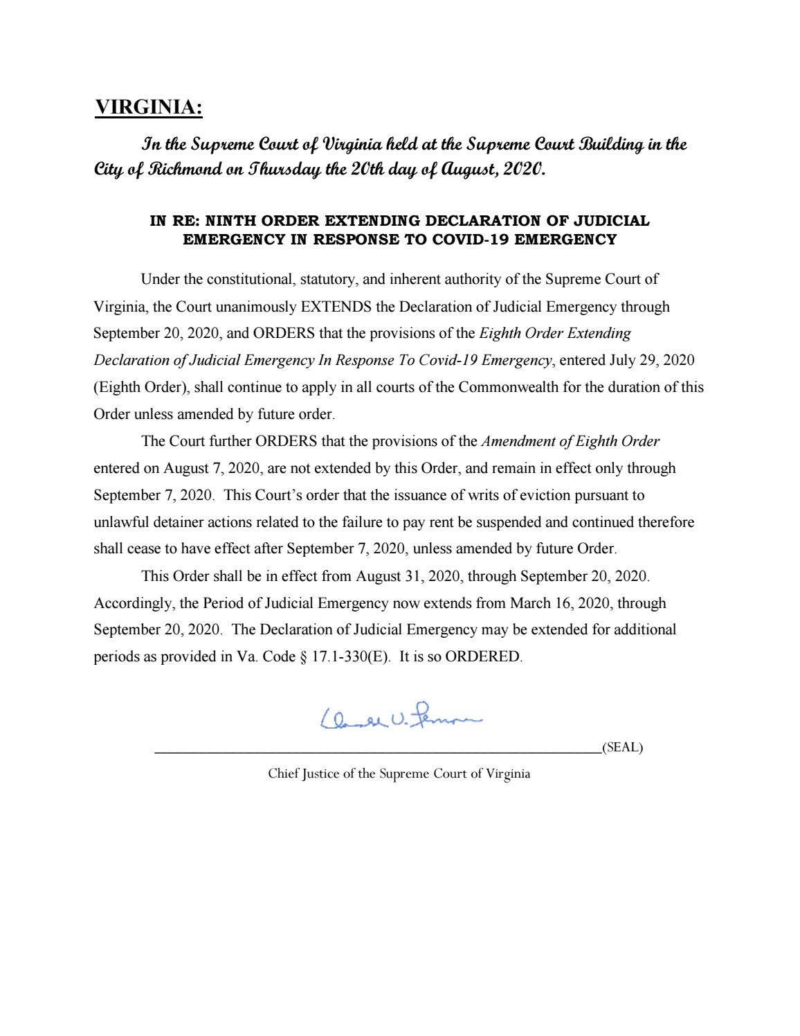 9th Order Concerning Judicial Emergency from the Supreme Court of Virginia