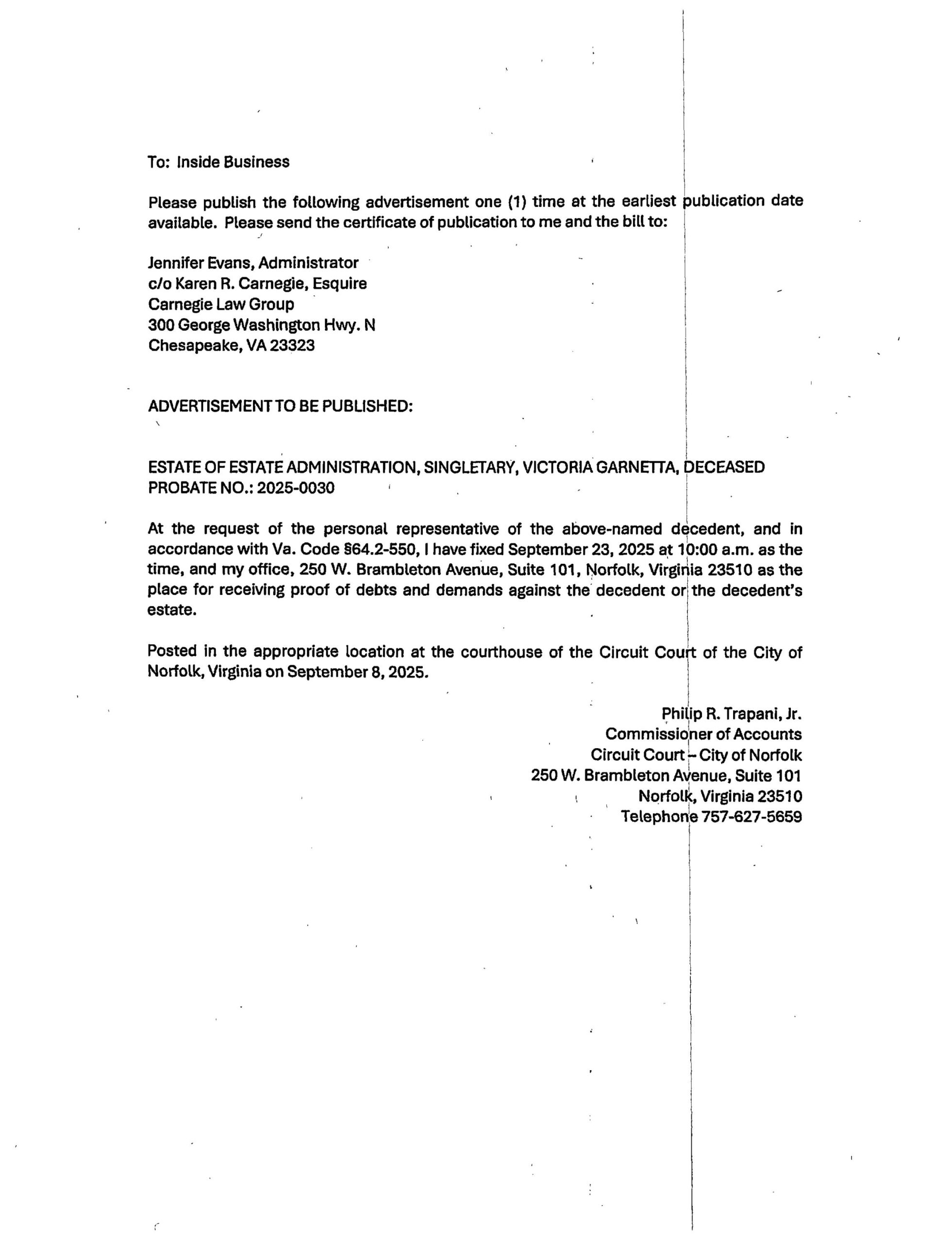 Notice for Estate of Estate Administration, Singletary, Victoria Garnetta