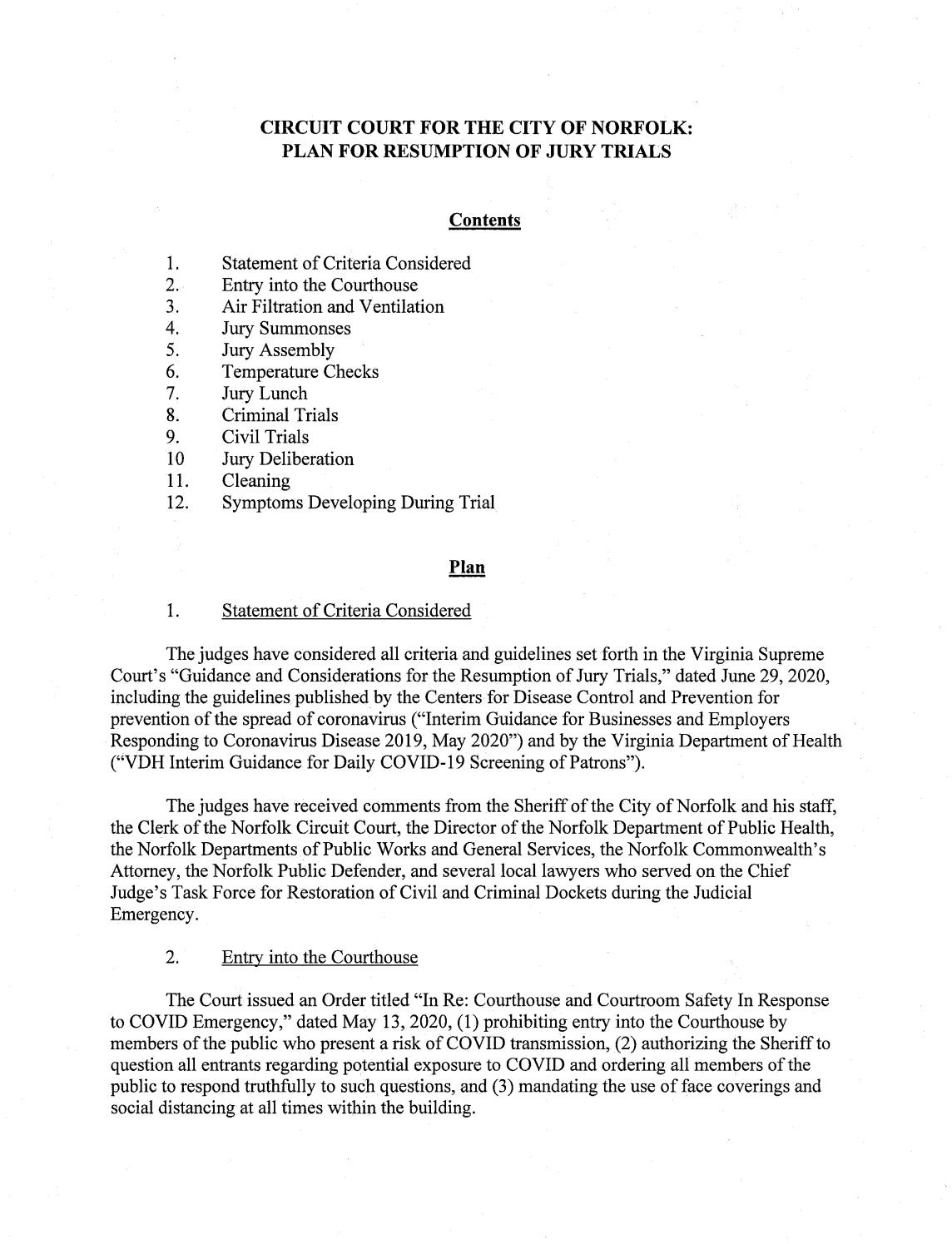 Plan for Resumption of Jury Trials