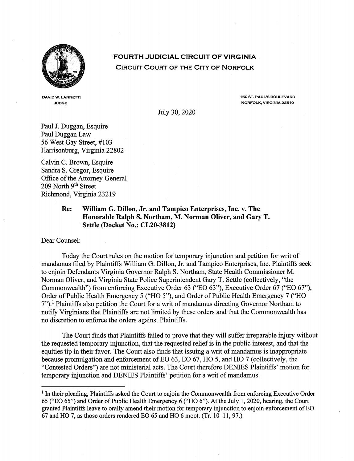 William G. Dillon, Jr, et al. v. Hon. Ralph Northam, et al.
