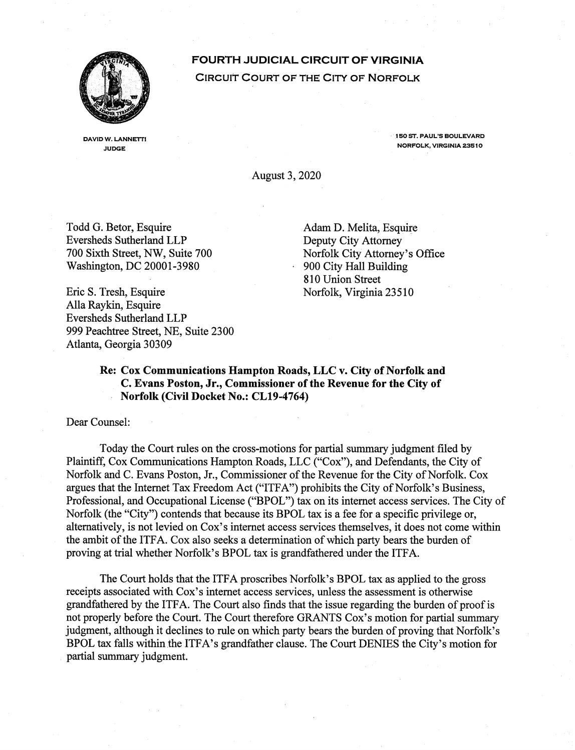 Cox Communications Hampton Roads, LLC v. City of Norfolk and C. Evans Poston, Jr., Commissioner of t