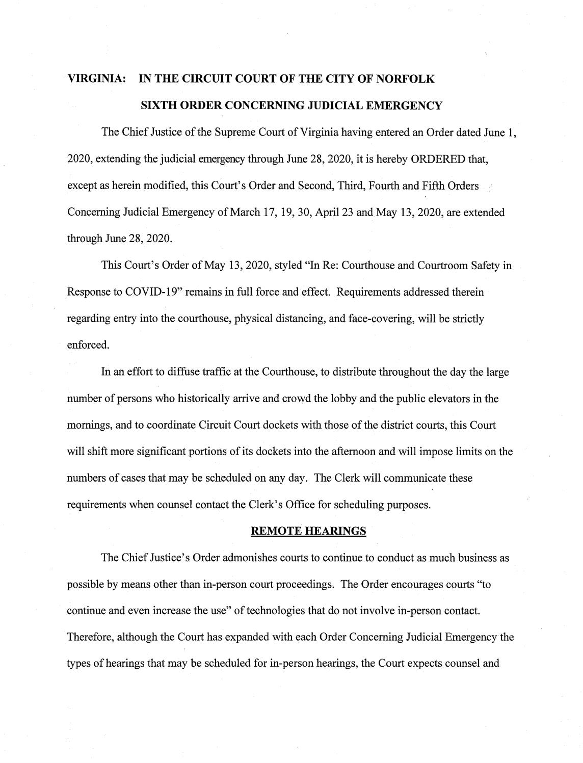 Sixth Order Concerning Judicial Emergency, June 5, 2020 2pm