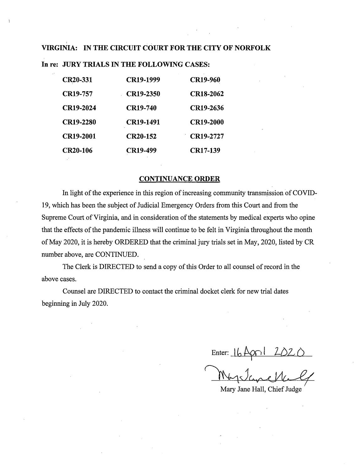 Order to Continue Jury Trials set in May 2020