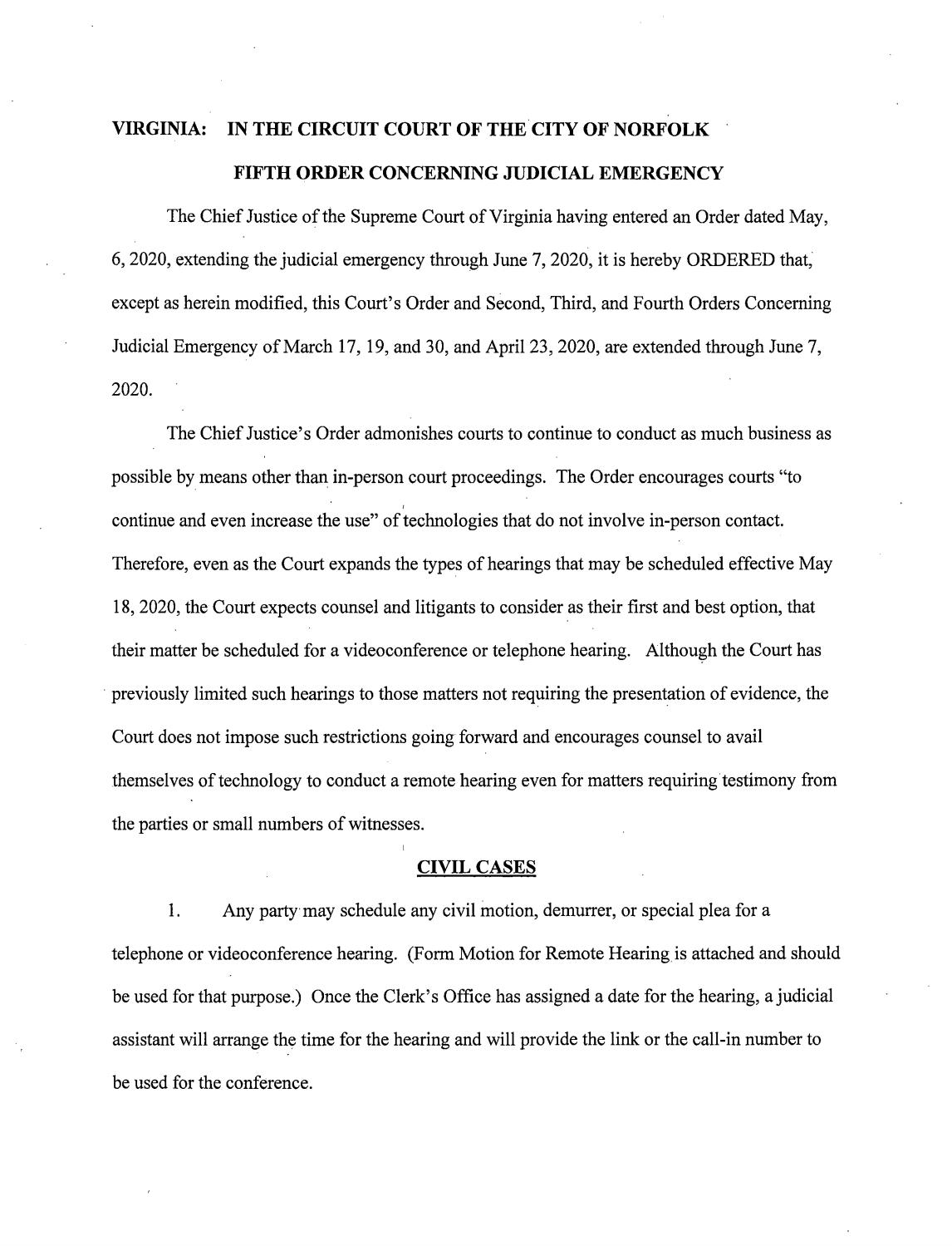 Fifth Judicial Order Concerning Judicial Emergency – May 13, 2020