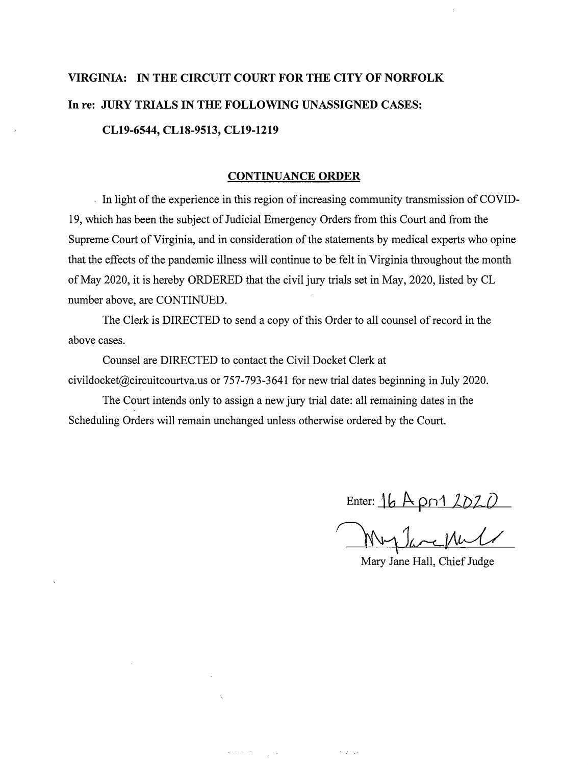Continuance Order – Unassigned Jury Trials – May 2020