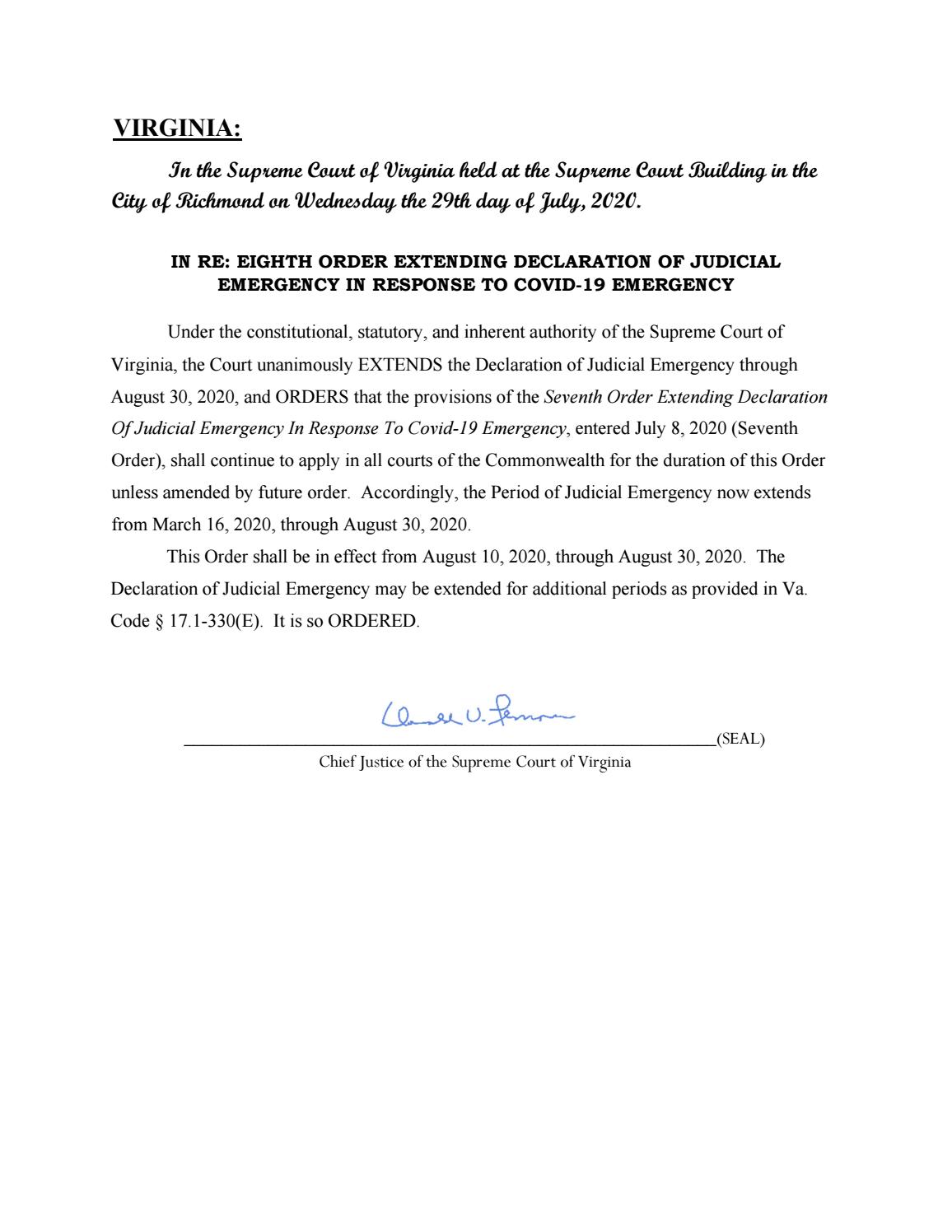 Order 8–Judicial Emergency Extending Order–7-18-2020