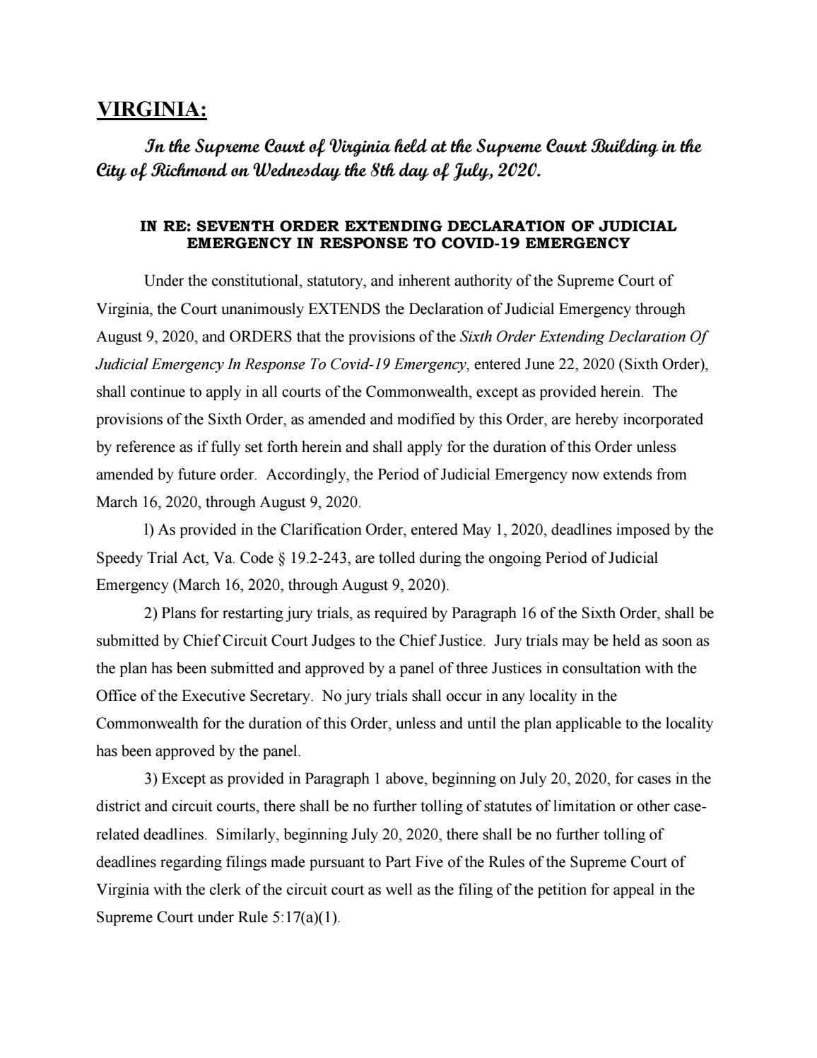 Order 7–Judicial Emergency Extending Order–7-8-2020