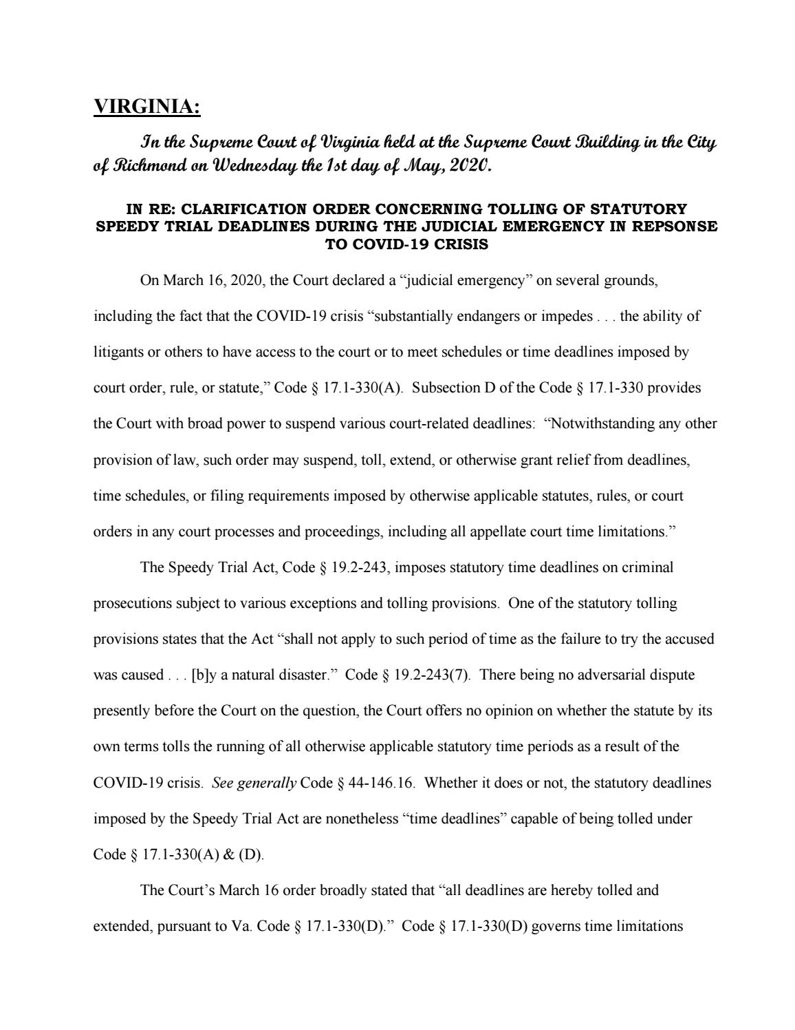 Judicial Emergency Clarification Order–5-1-2020