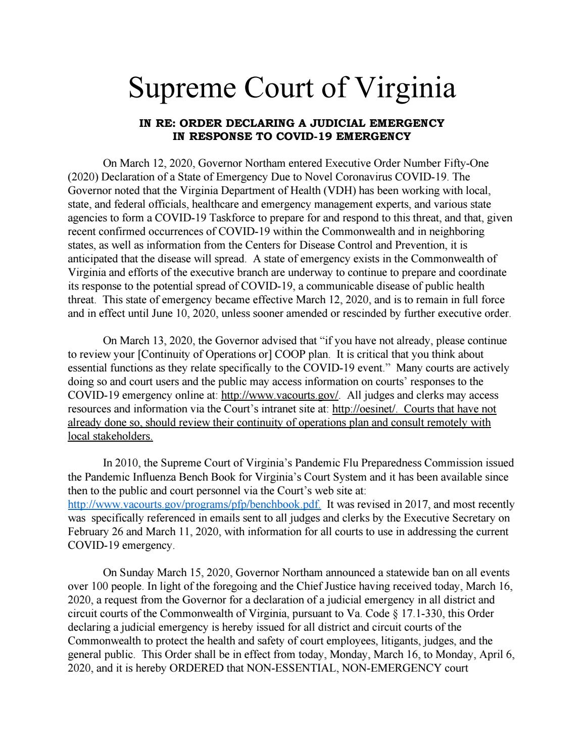 Declaration of Judicial Emergency–3-16-2020 Order