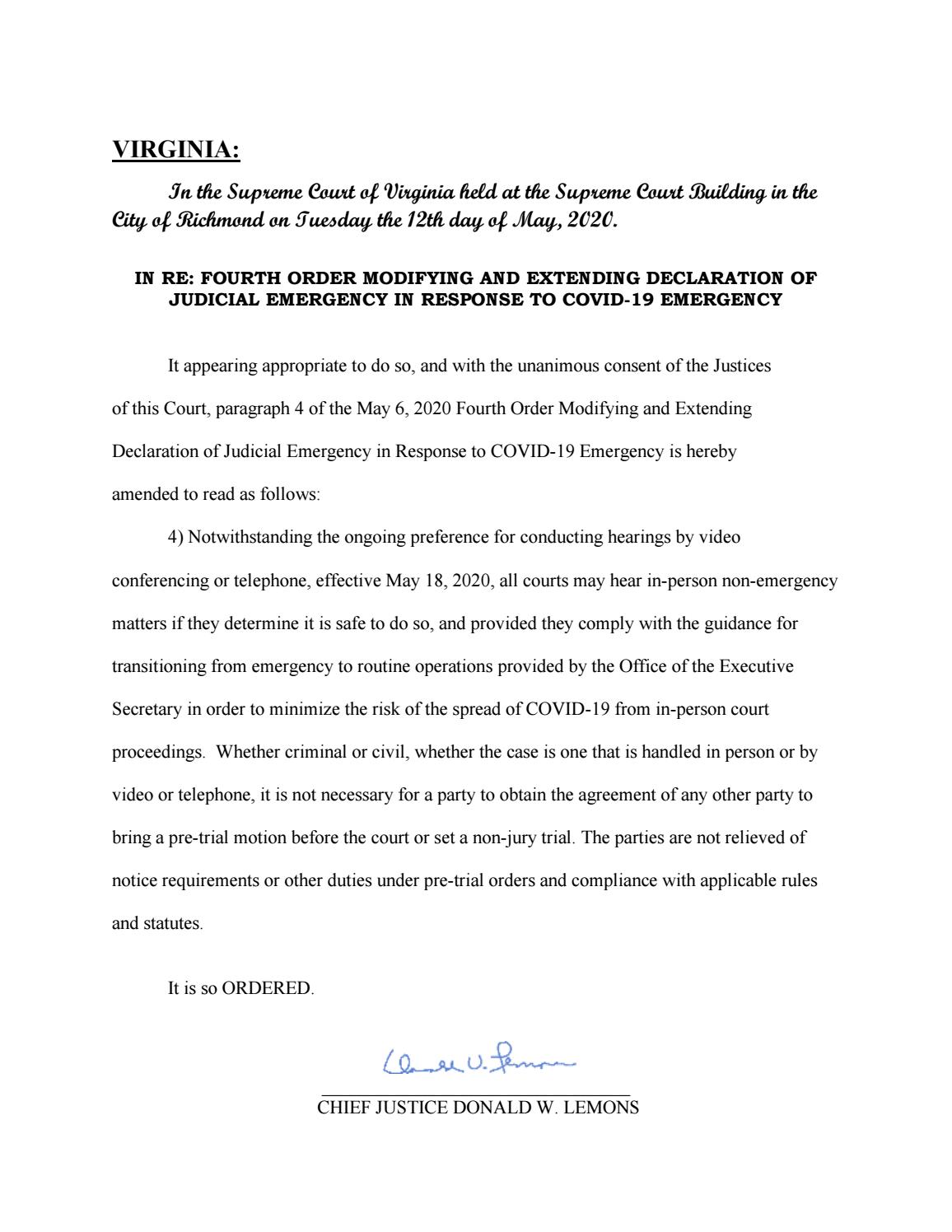 Amended 4th order extending judicial emergency–5-12-2020