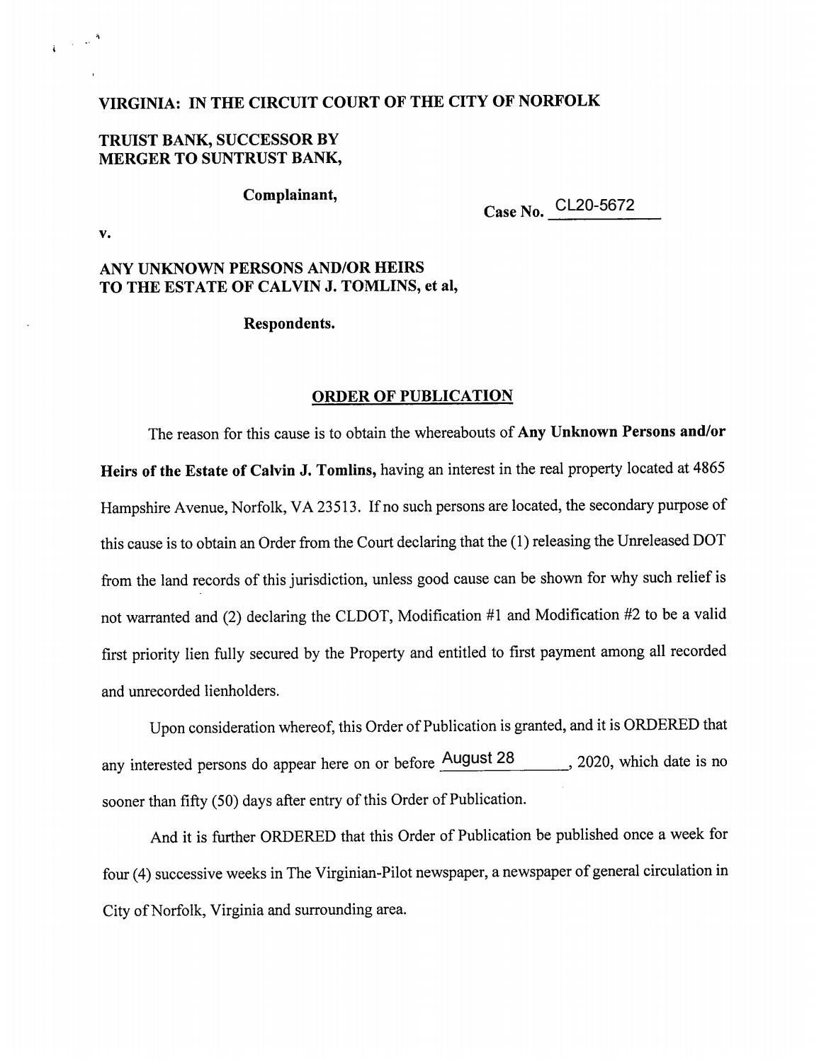 CL20-5672 Order of Publication