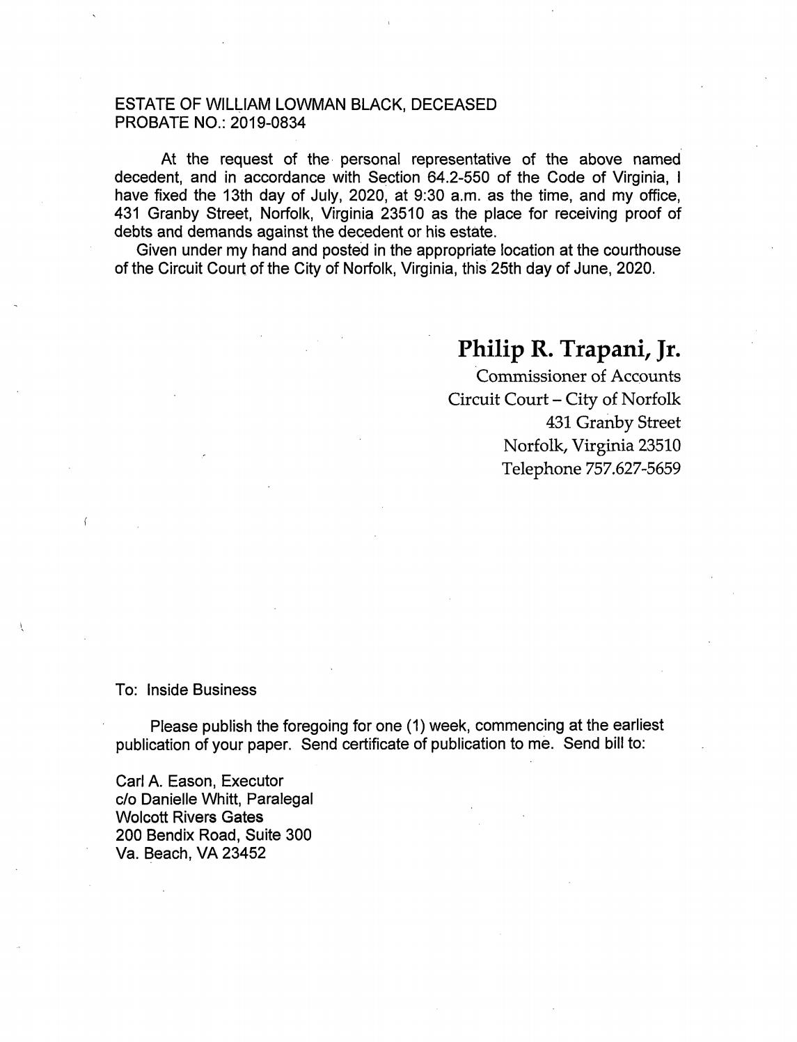 Estate of William Lowman Black, Probate No 2019-0834