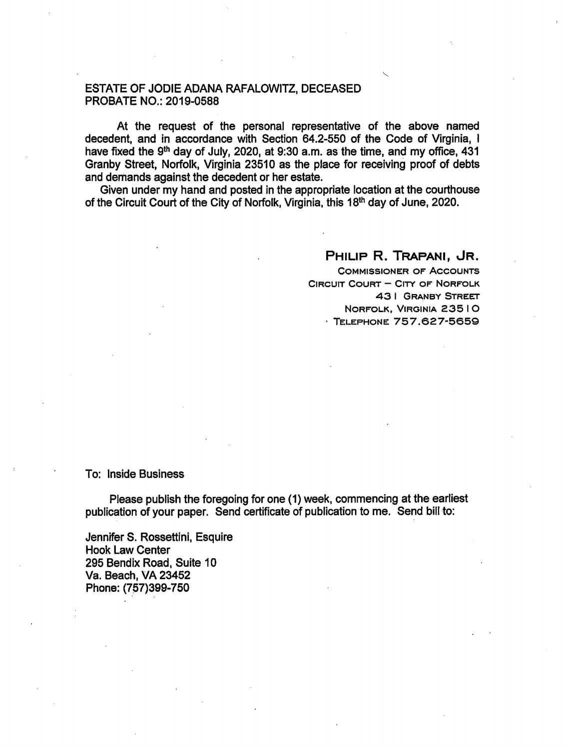 Estate of Jodie Adana Rafalowitz, Probate No: 2019-0588