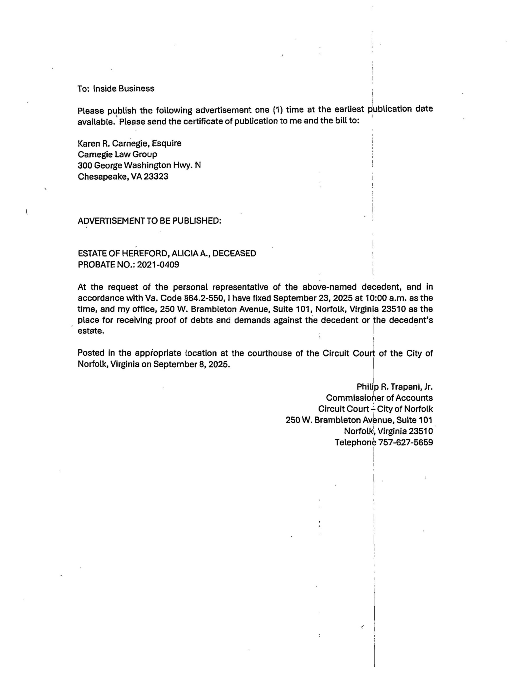 Notice for Estate of Hereford, Alicia A