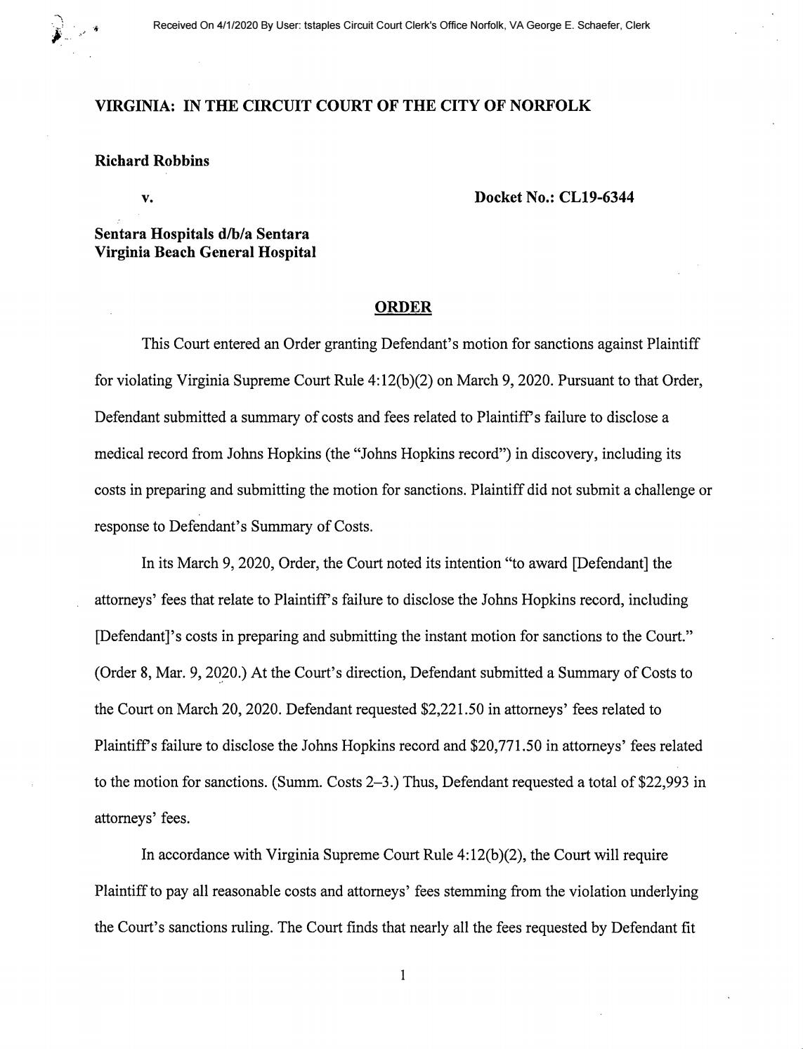 Robbins v Sentara  CL19-6344
