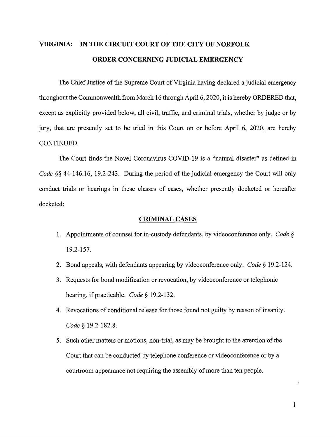 Order Concerning Judicial Emergency Declaration