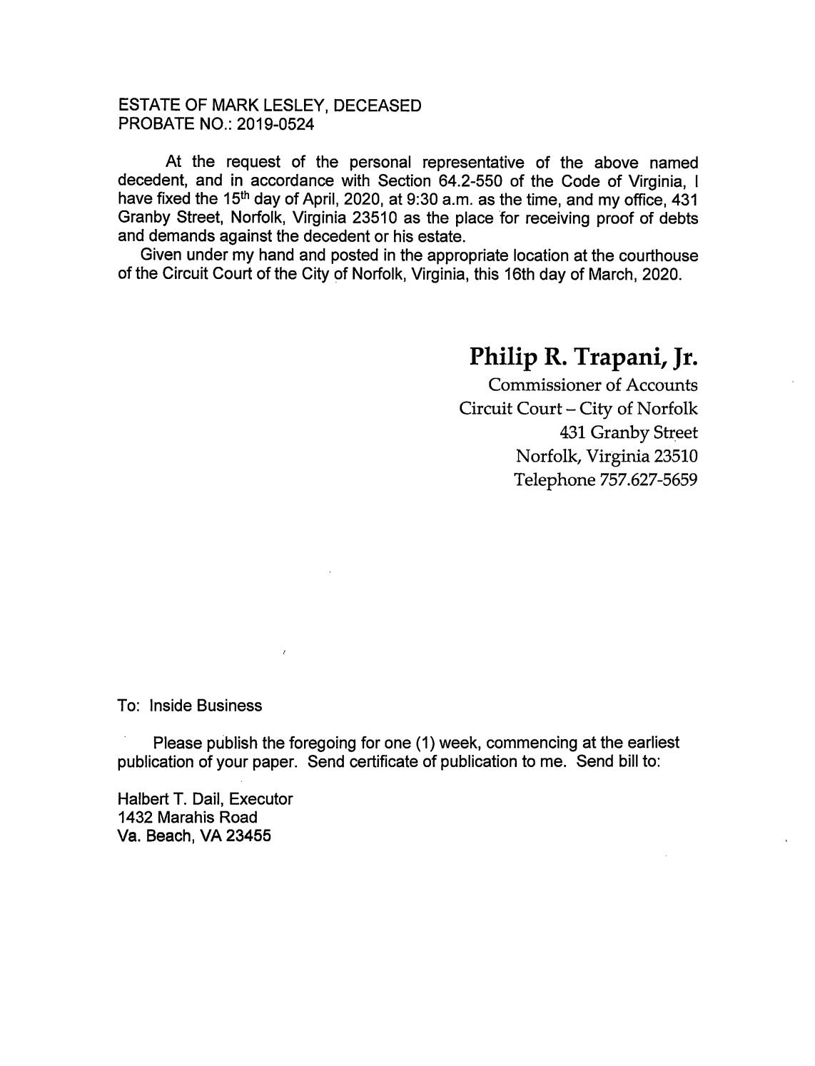 Estate of Mark Lesley, Probate No: 2019-0524