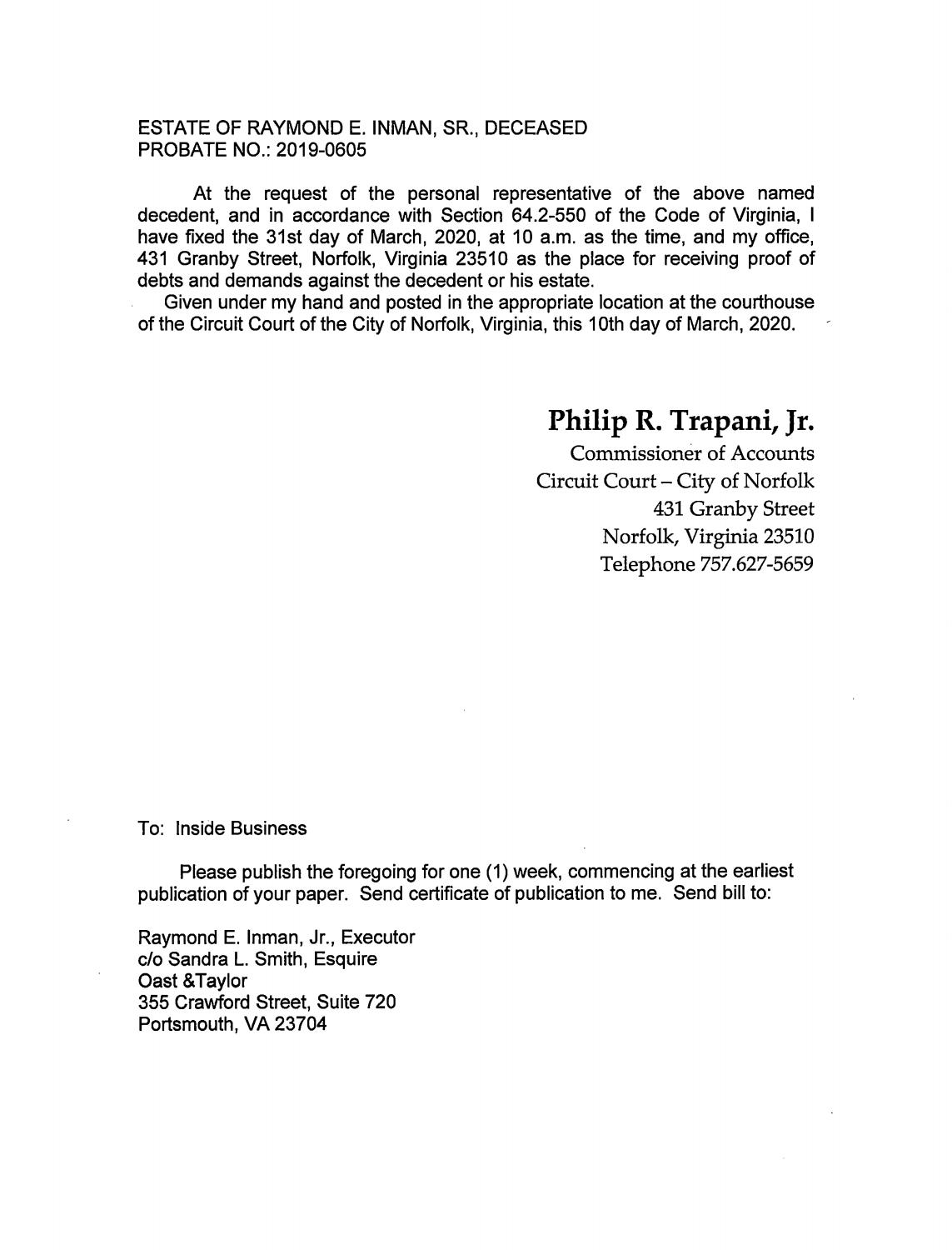 Estate of Raymond E Inman, Sr. Probate No: 2019-0605