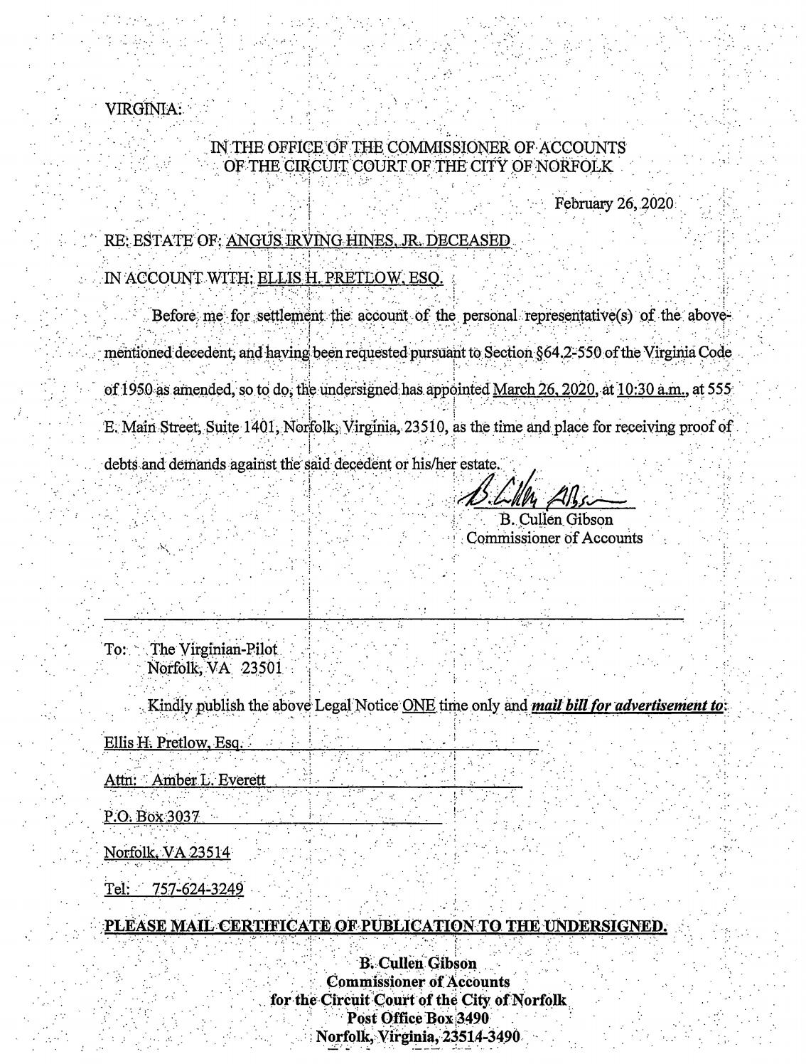 Office of the Commissioner of Accounts, Estate of Angus Irving Hines, Jr.