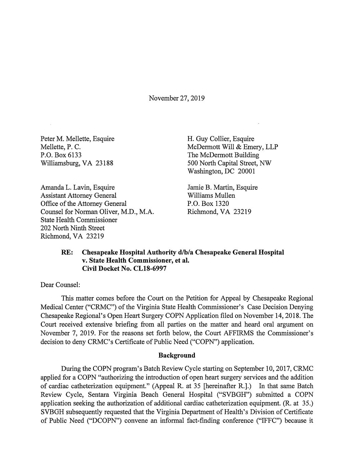 Chesapeake Hospital Authority v. State Health Commissioner